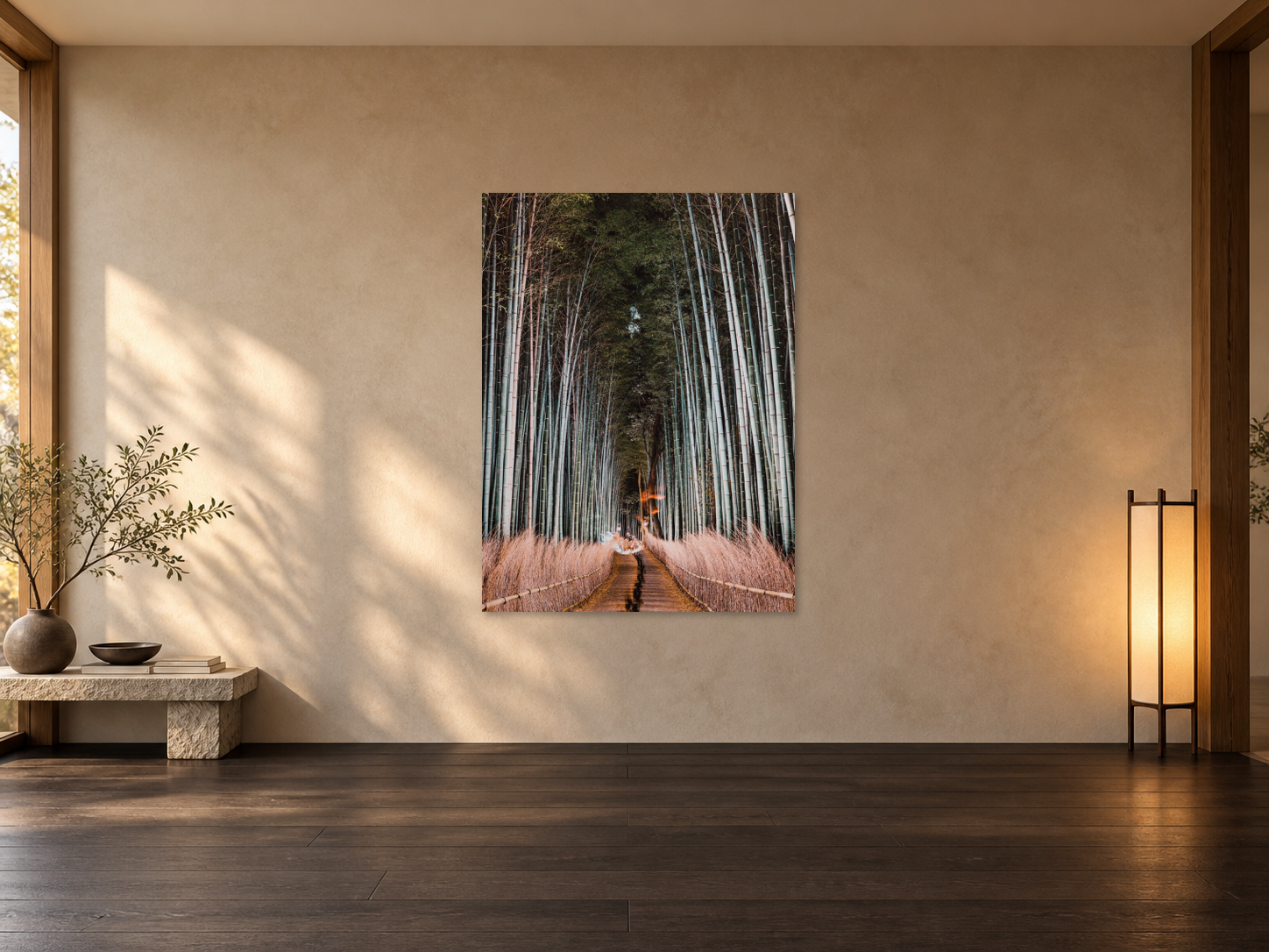 Visualisation d’intérieur avec l’œuvre photographique « Arashiyama bamboo, Japan » d’André Wagner ; il ne s’agit pas d’une installation photographiée.