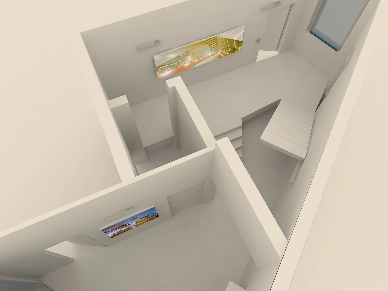 Visualisation architecturale avec des œuvres photographiques le long d’un escalier