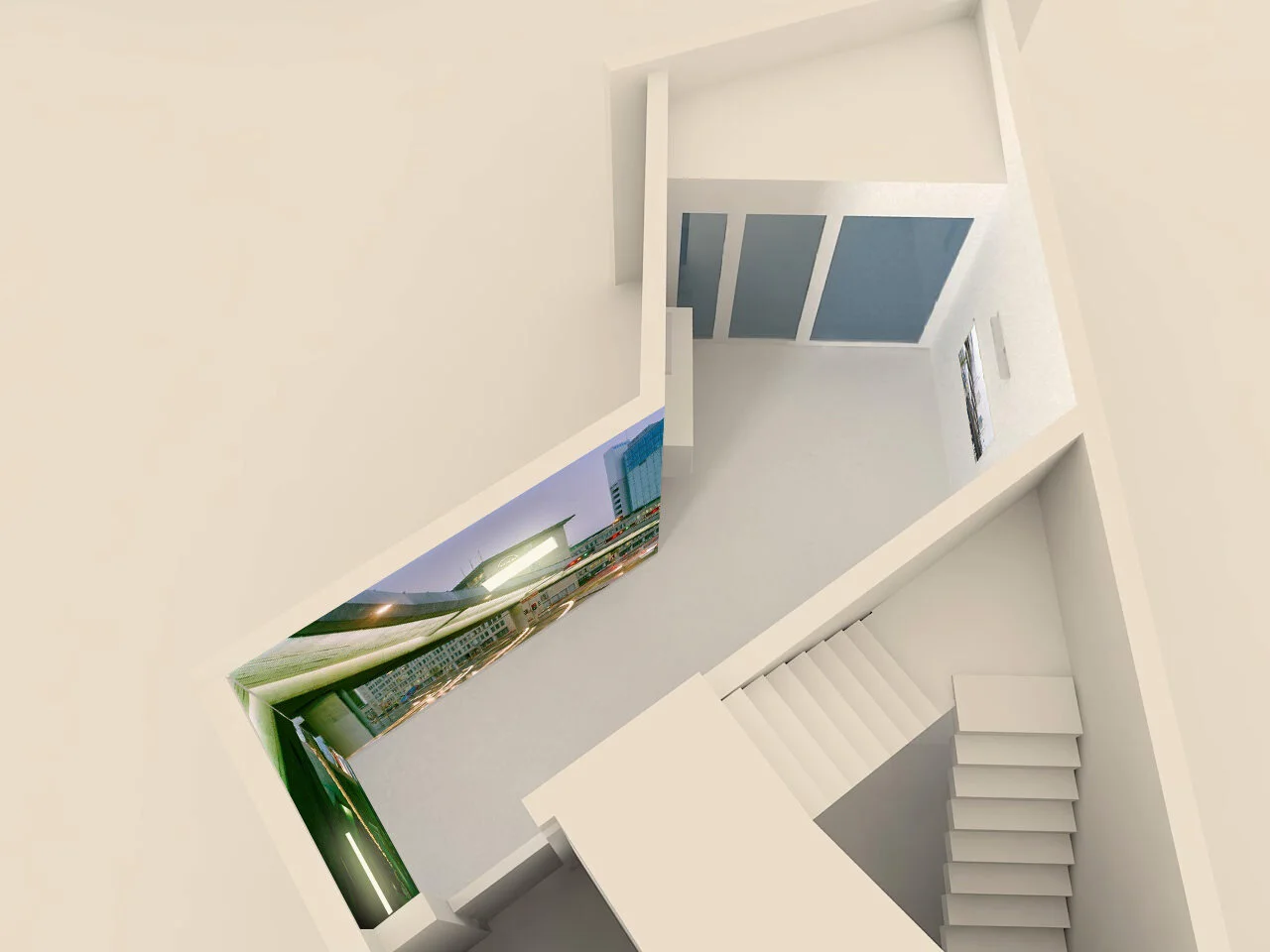 Visualisation architecturale avec des œuvres photographiques le long d’un escalier