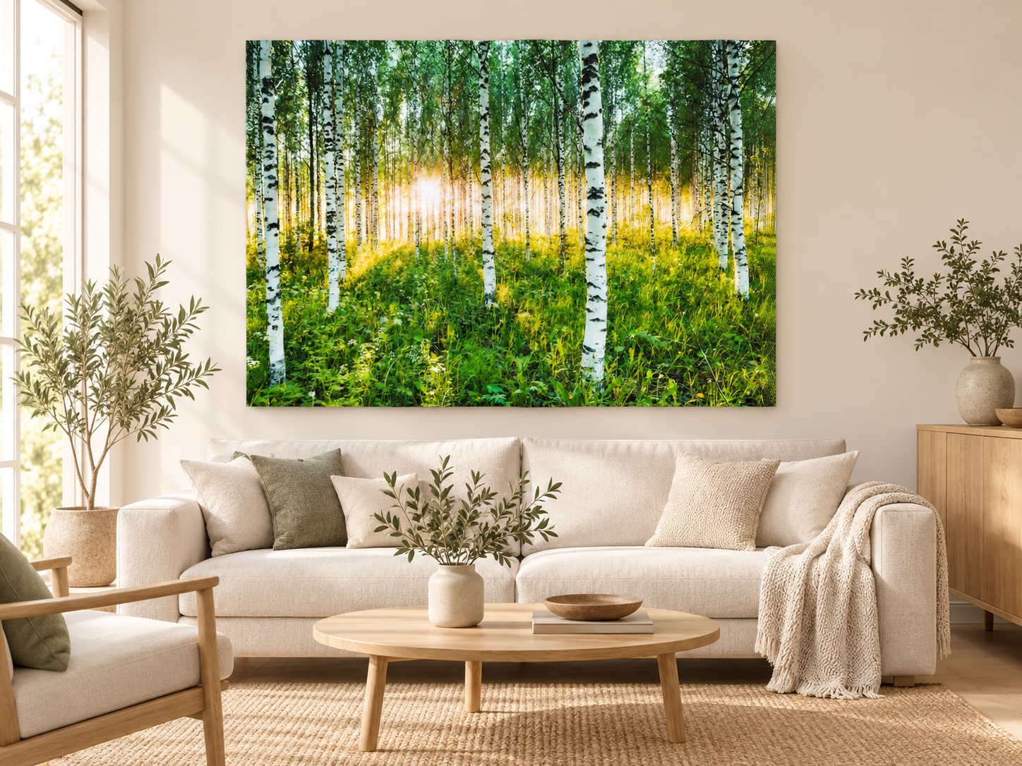 AI-generated room visualisation &ndash; Atmospheric Birch Forest, Finland. An illustration of scale and spatial presence, not a photographed installation.