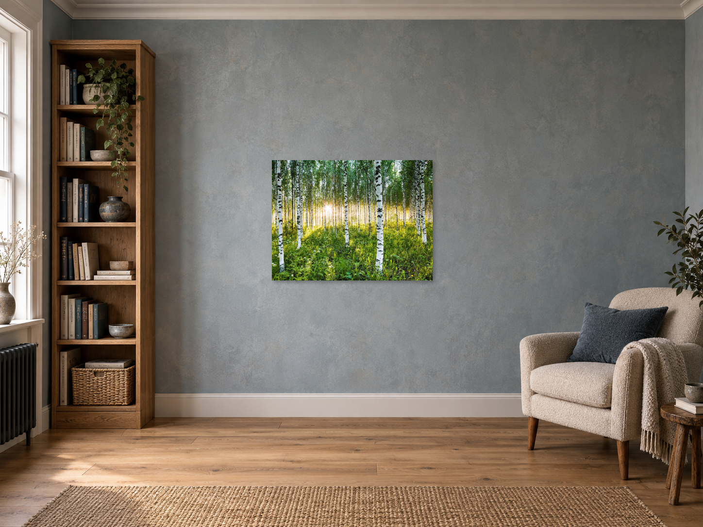 Interior visualization featuring the photographic artwork “Atmospheric birch forest, Finnland” by André Wagner; not a photographed installation.