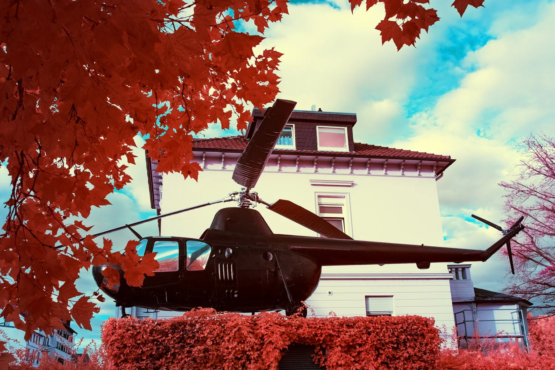 Hélicoptère exposé à côté d’un bâtiment sous des arbres rouges.