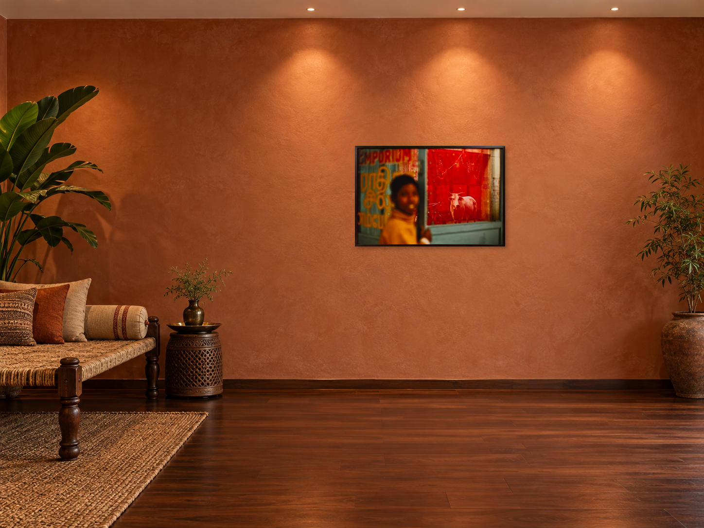 Interior visualization featuring the photographic artwork “Benares cow, Indien” by André Wagner; not a photographed installation.