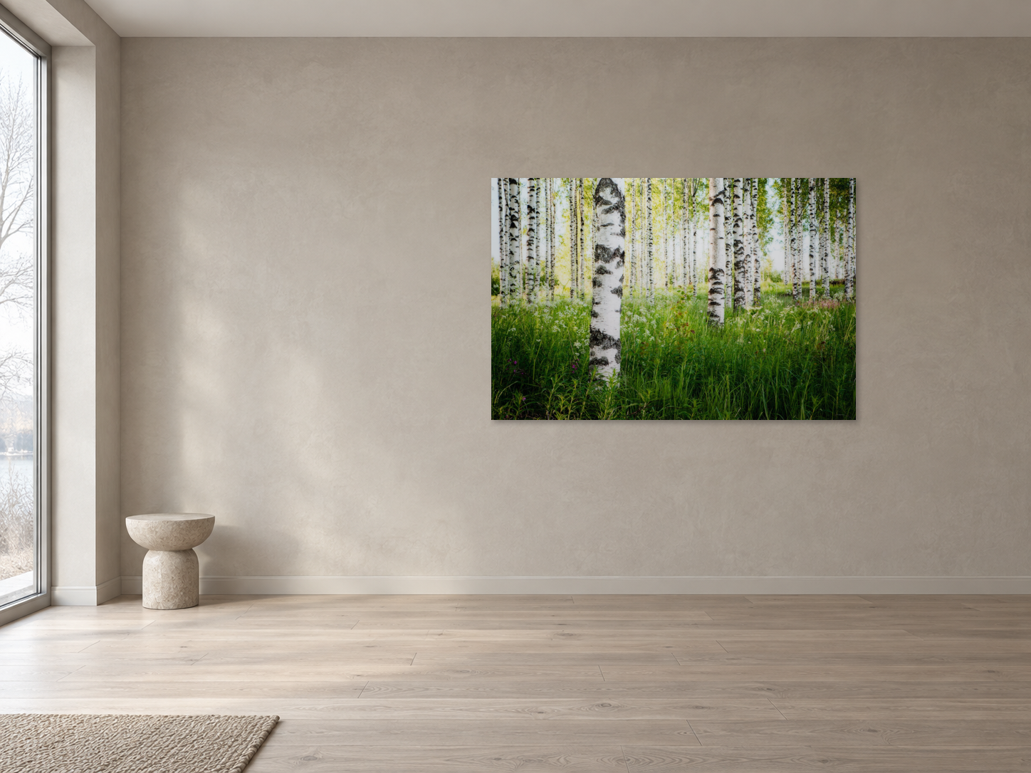 Visualisation d’intérieur avec l’œuvre photographique « Birkenwald, Finnland » d’André Wagner ; il ne s’agit pas d’une installation photographiée.