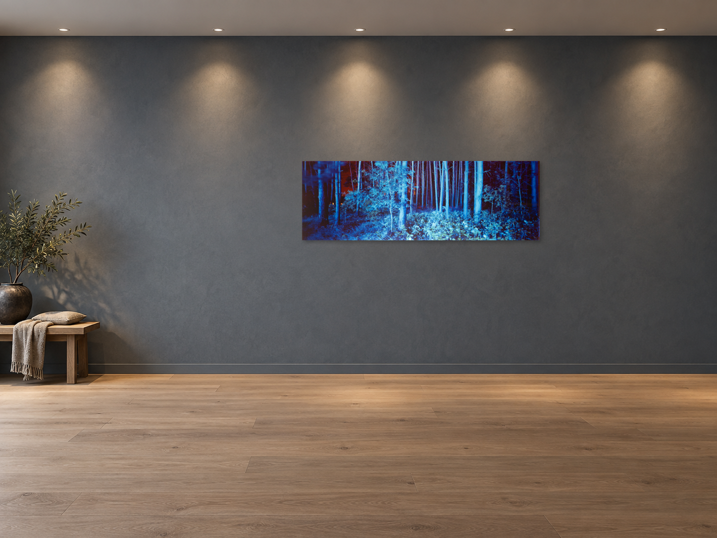 Interior visualization featuring the photographic artwork “Blue forest, Deutschland” by André Wagner; not a photographed installation.