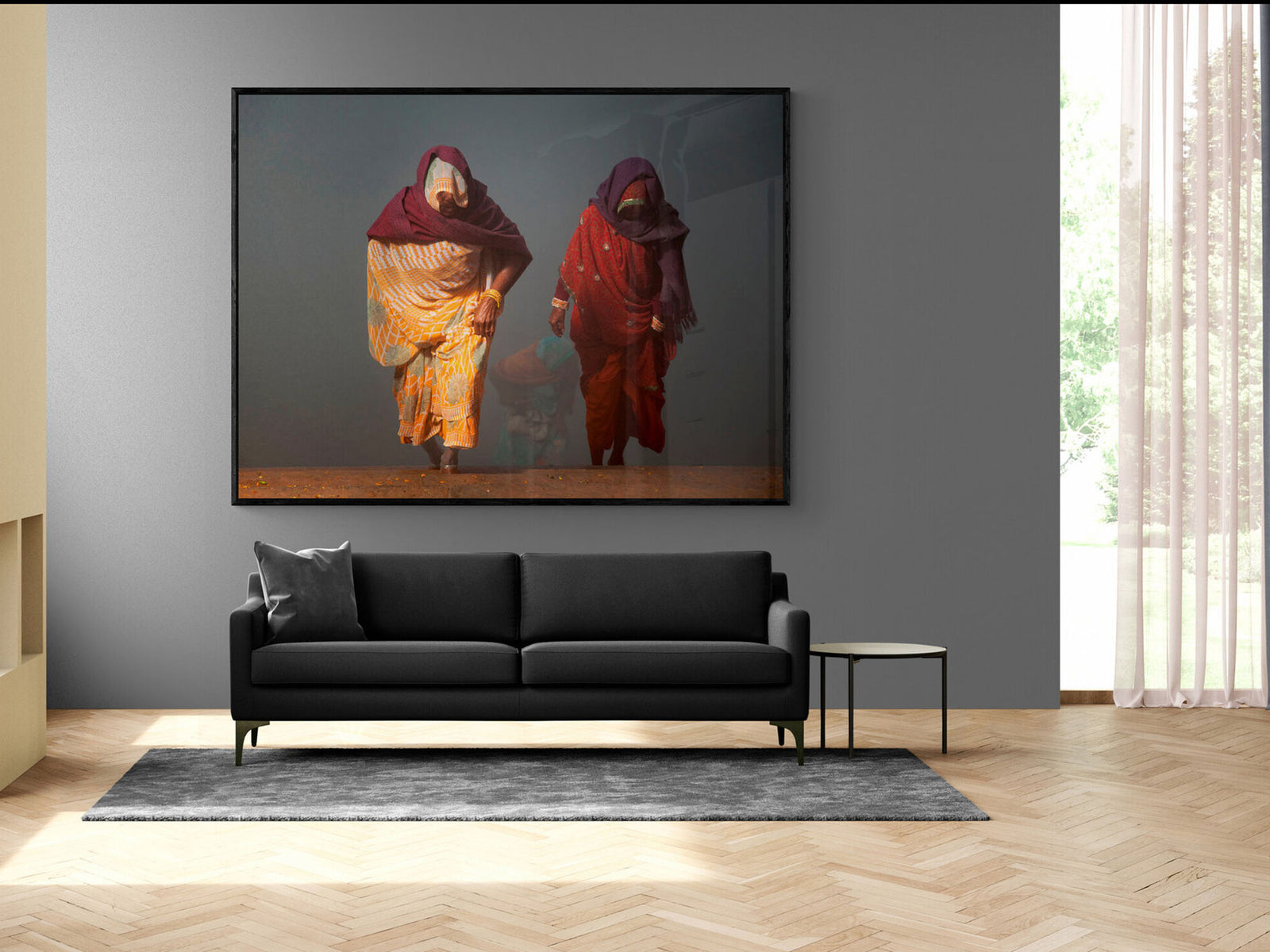Visualisation d’intérieur avec l’œuvre photographique « Coming back from yamuna river, Indien » d’André Wagner ; il ne s’agit pas d’une installation photographiée.