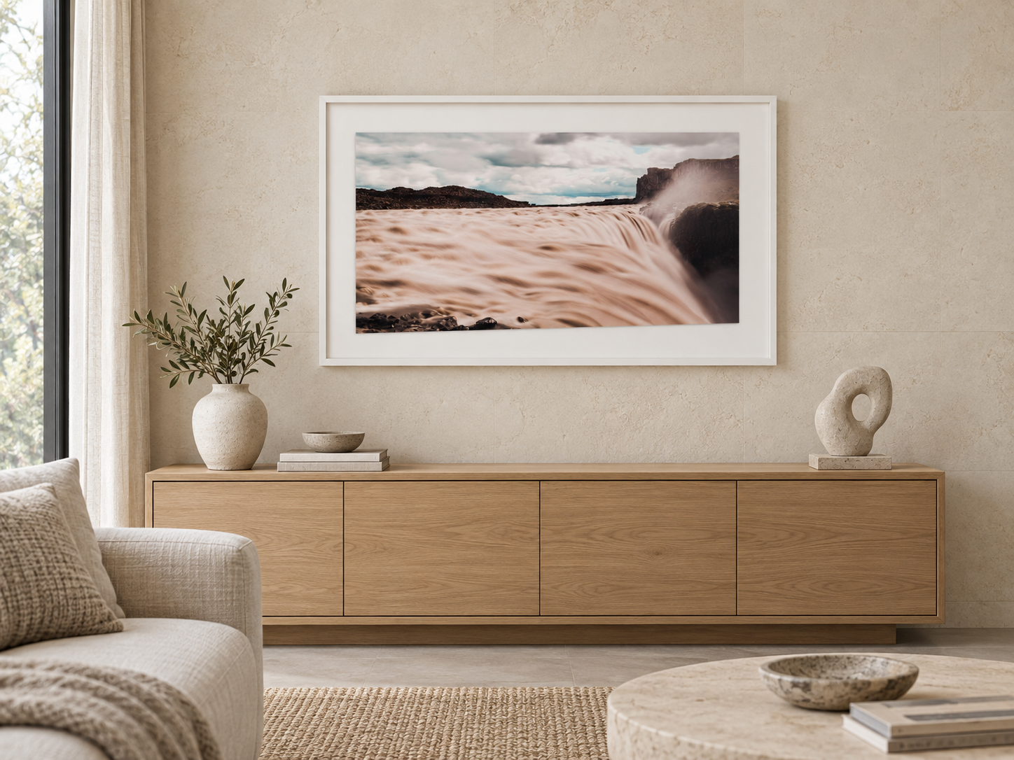 Interior visualization featuring the photographic artwork “Dettifoss, Island” by André Wagner; not a photographed installation.