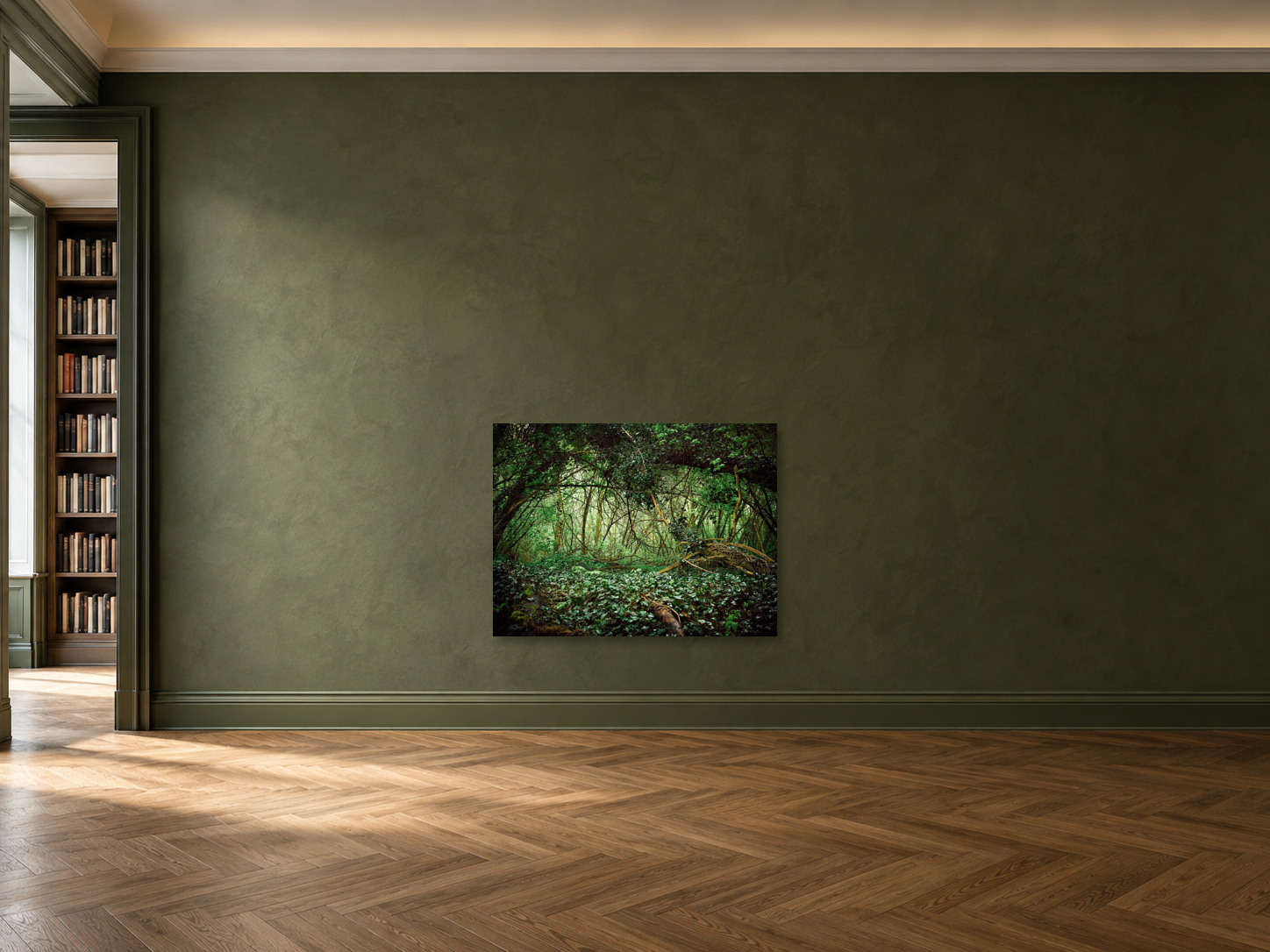 Interior visualization with the photographic artwork “Deutscher wald, Deutschland” by André Wagner; not a photographed installation.