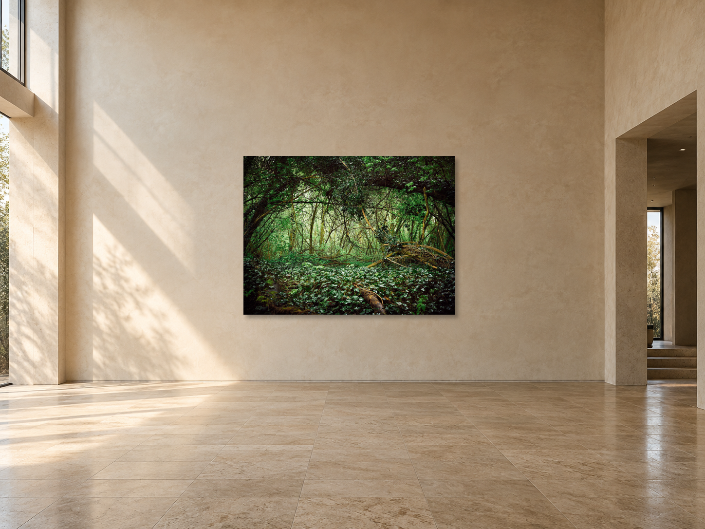 Interior visualization with the photographic artwork “Deutscher wald, Deutschland” by André Wagner; not a photographed installation.