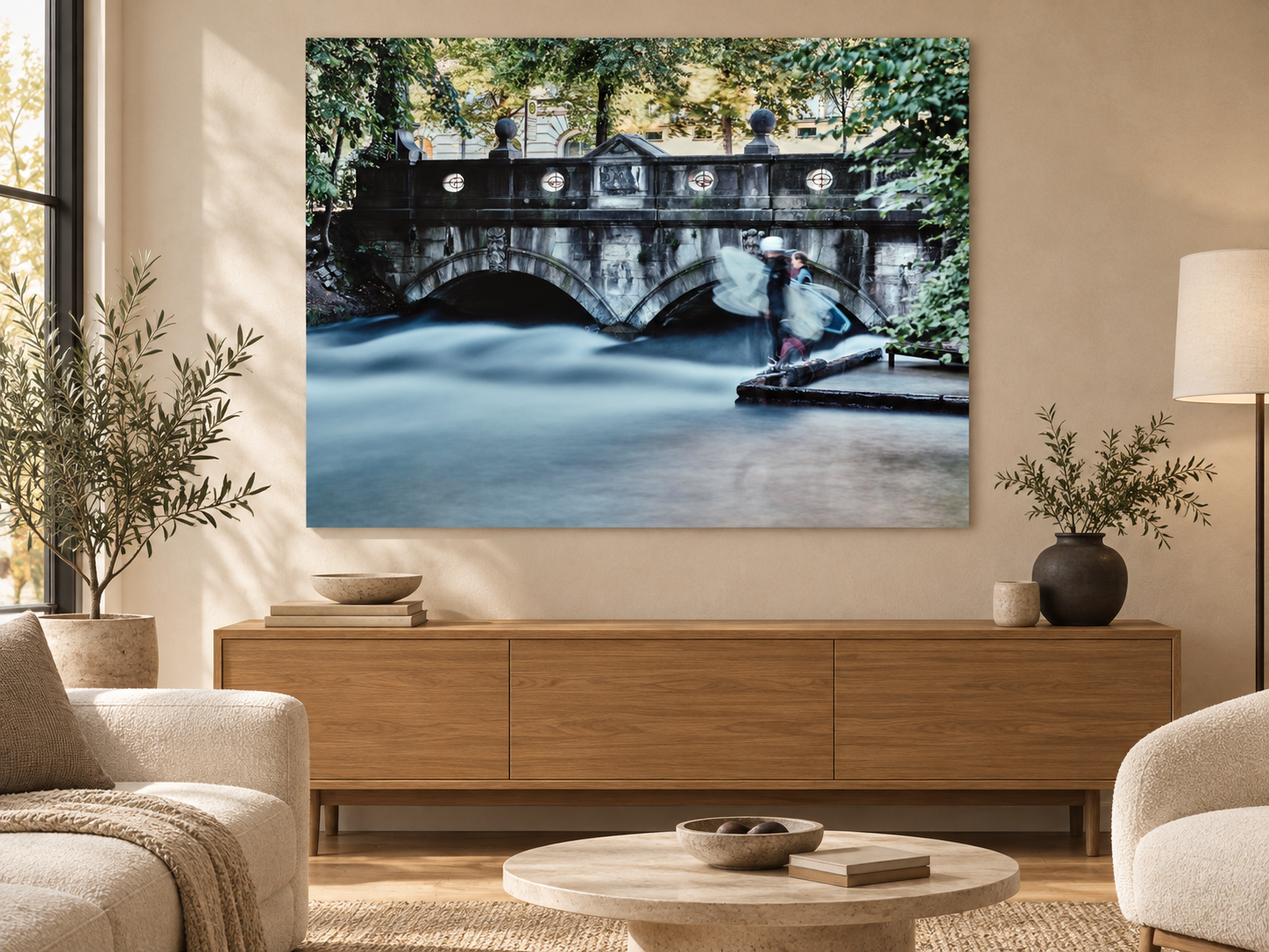 Interior visualization featuring the photographic artwork &ldquo;Eisbach surfer 2, Deutschland&rdquo; by Andr&eacute; Wagner; not a photographed installation.