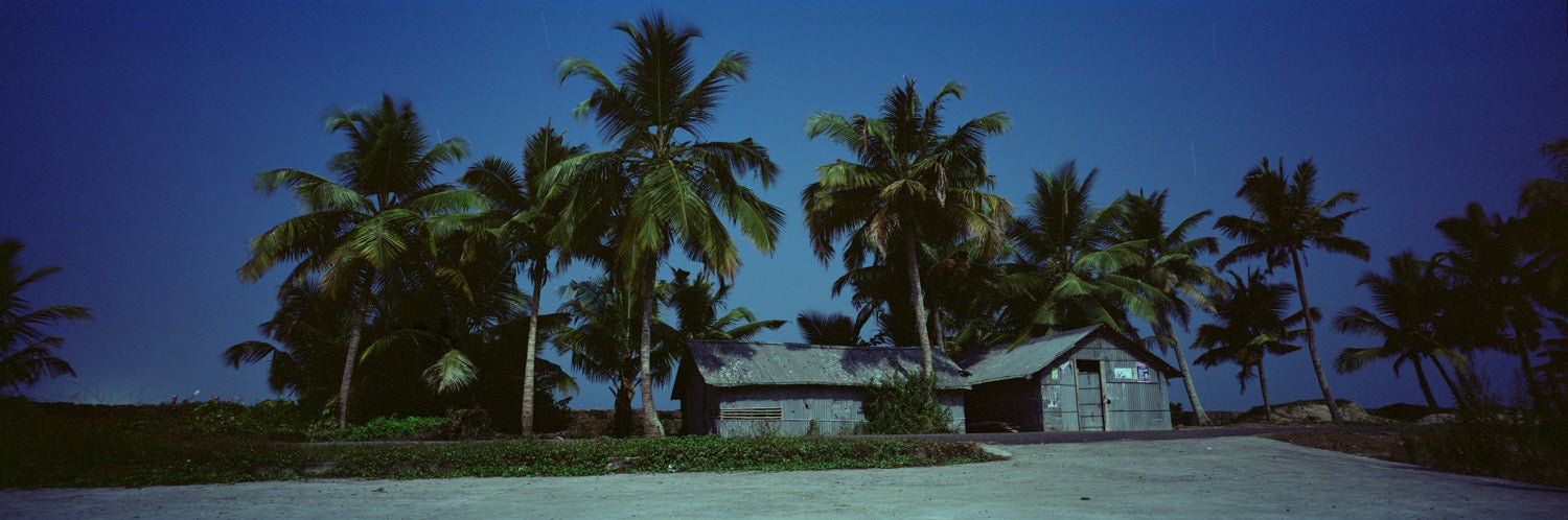 Fine art photography by André Wagner: A low house sits among tall palms beneath deep blue sky — Fisher House, Indien.