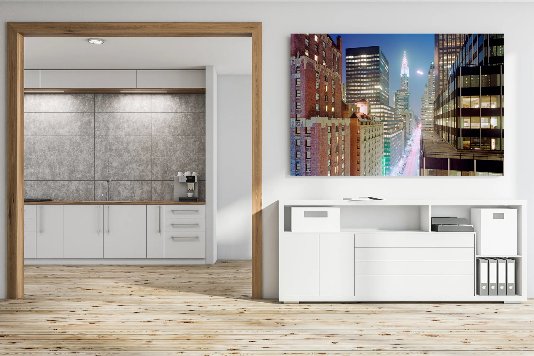 Photographic artwork of skyscrapers at night above mailboxes