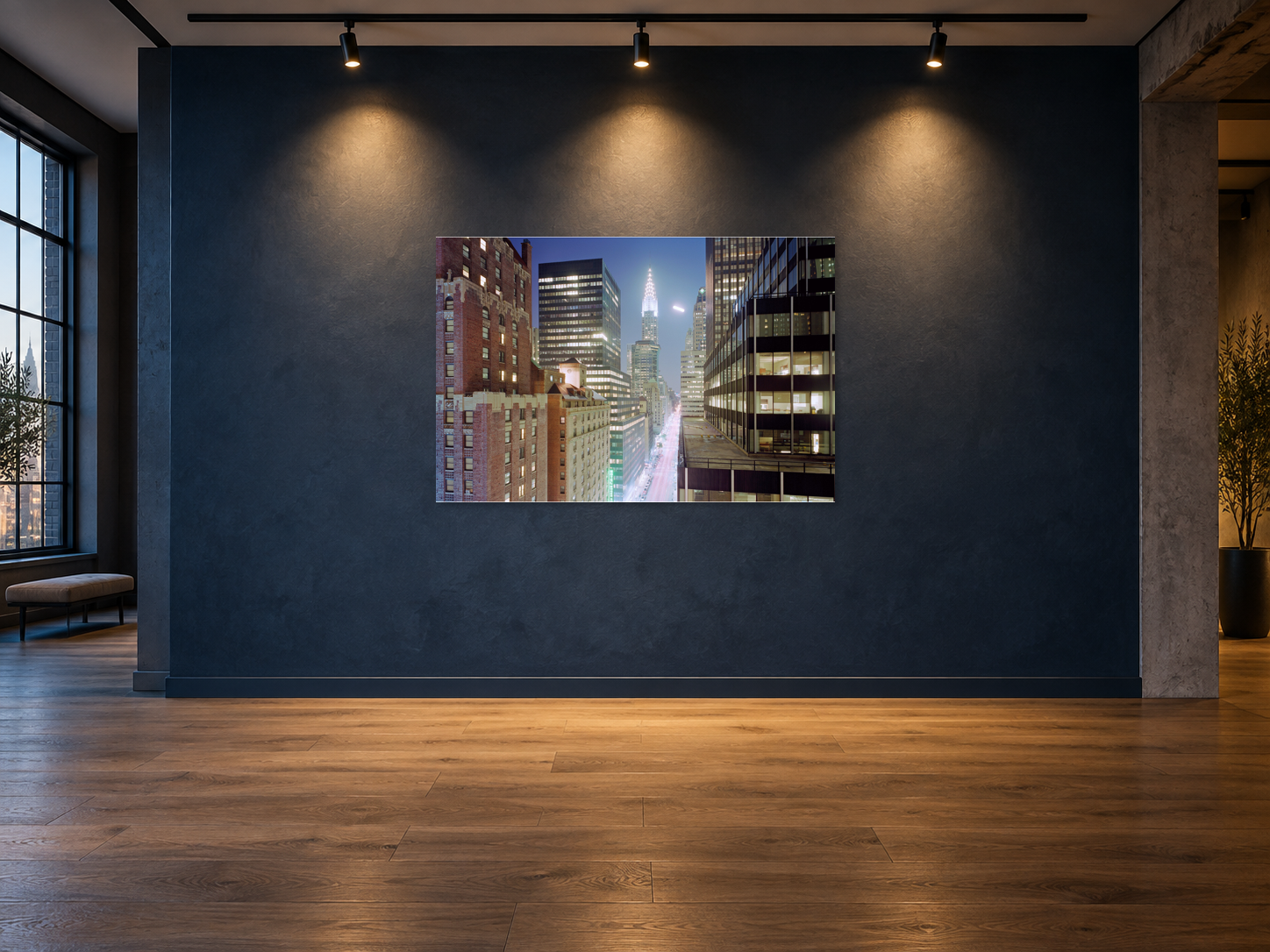 Visualisation d’intérieur avec l’œuvre photographique « Fullmoon in manhattan, Usa » d’André Wagner ; il ne s’agit pas d’une installation photographiée.