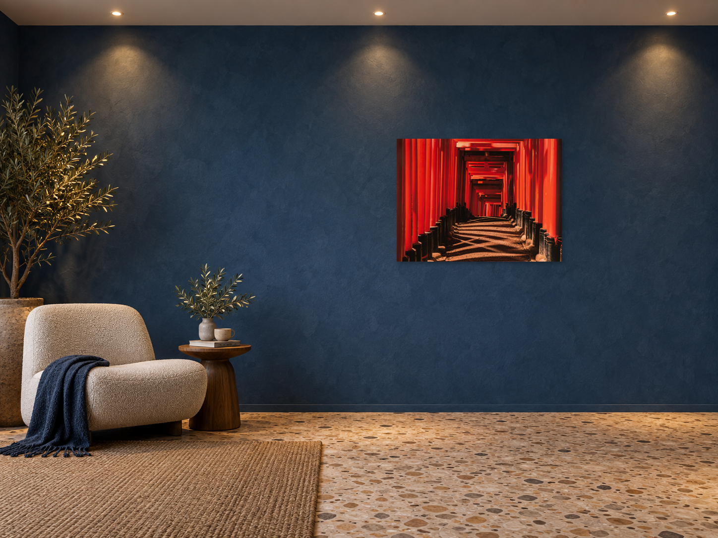 Interior visualization featuring the photographic artwork “Fushimi inari taisha 8, Japan” by André Wagner; not a photographed installation.