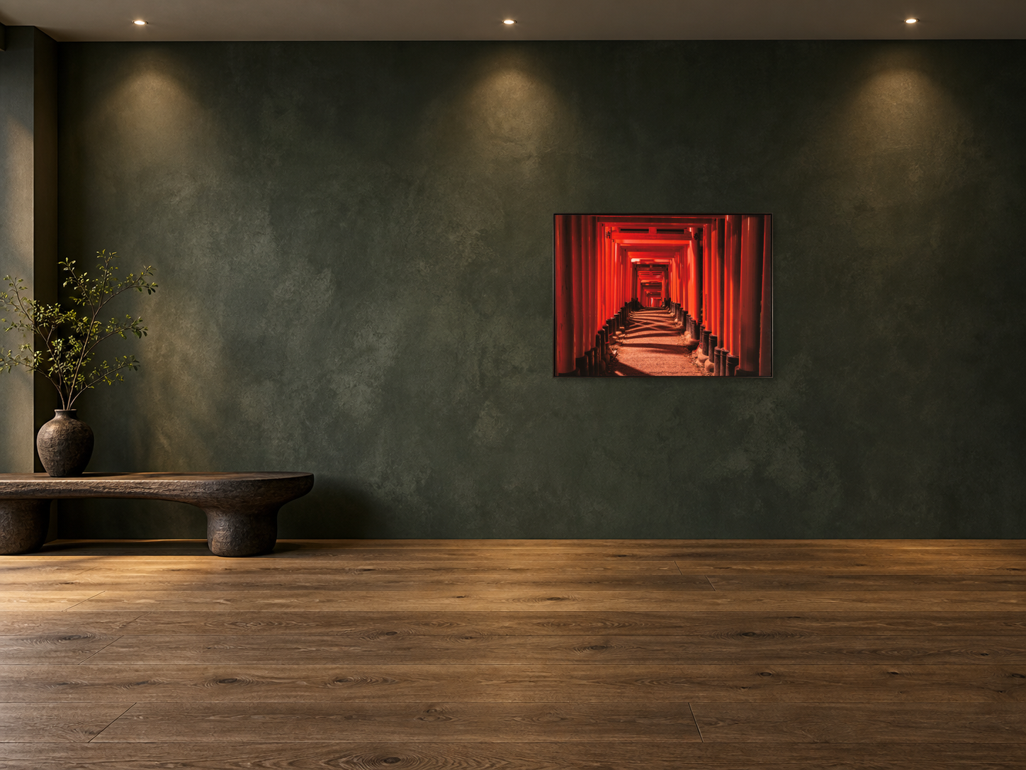 Interior visualization featuring the photographic artwork “Fushimi Inari-Tasisha 7, Japan” by André Wagner; not a photographed installation.