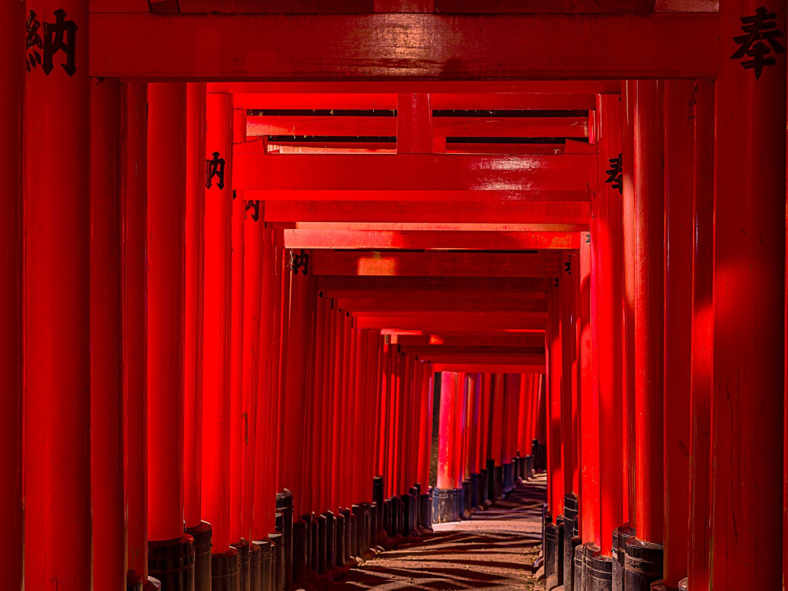 Photographie d’art d’André Wagner: Une traverse rouge proche ferme le bord supérieur ; en dessous, d’autres portiques se succèdent vers une profondeur étroite et décalée sur le côté — Fushimi Inari-Tasisha 9, Japan.