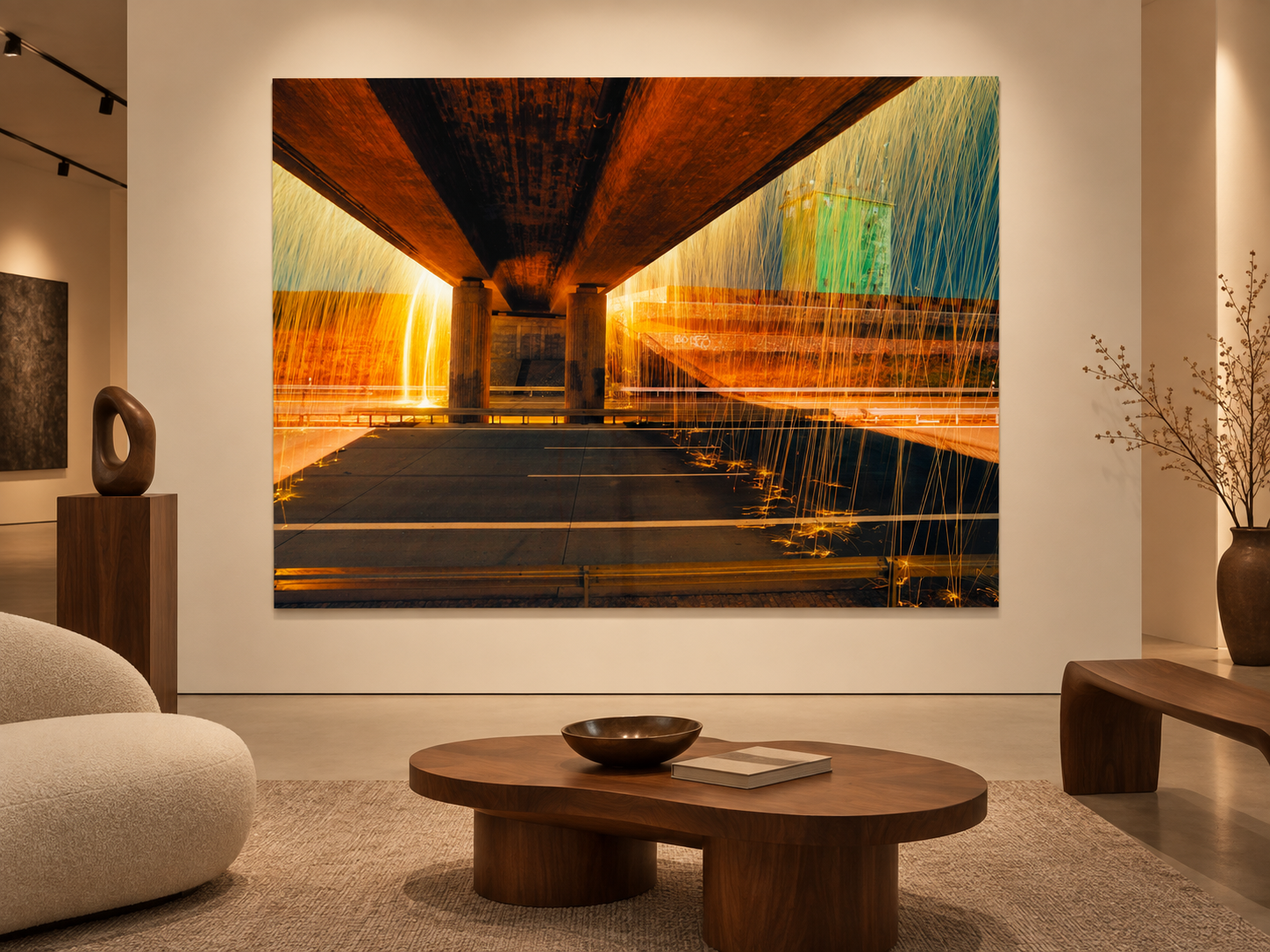 Interior visualization featuring the photographic artwork “Golden bridge 1, Deutschland” by André Wagner; not a photographed installation.