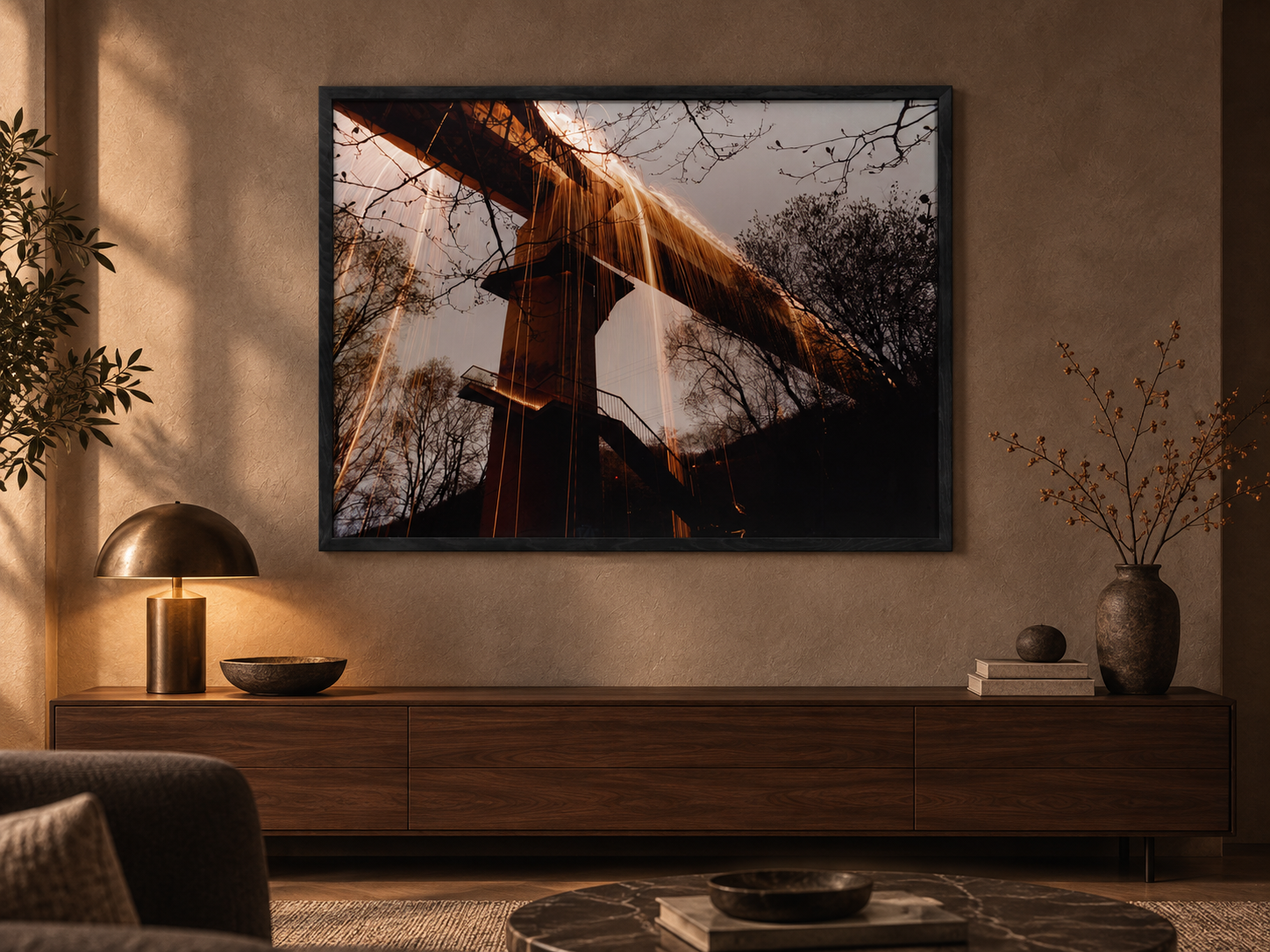 KI-generierte Raumvisualisierung &ndash; Golden Rain, Deutschland. Darstellung dient der Orientierung zu Gr&ouml;&szlig;e und Wirkung; keine fotografierte Installation.