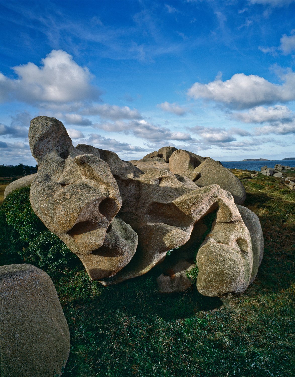 Fine art photography by André Wagner: Pale rounded rocks lie closely together on green ground — Goliath´s head, Frankreich.
