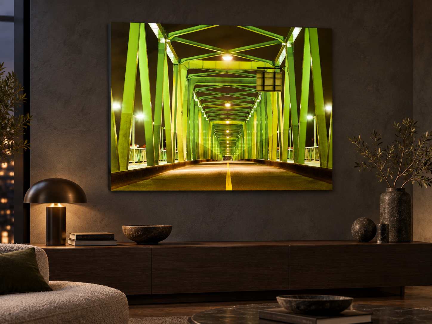 Visualisation d’intérieur avec l’œuvre photographique « Green bridge in tokyo, Japan » d’André Wagner ; il ne s’agit pas d’une installation photographiée.