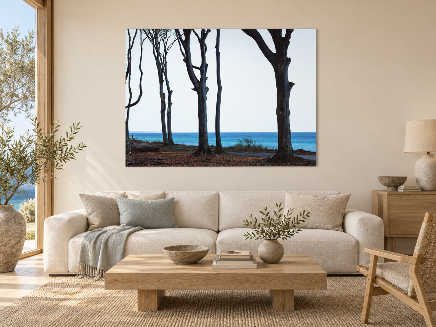 Interior visualization featuring the photographic artwork “Harlekine im wind, Deutschland” by André Wagner; not a photographed installation.
