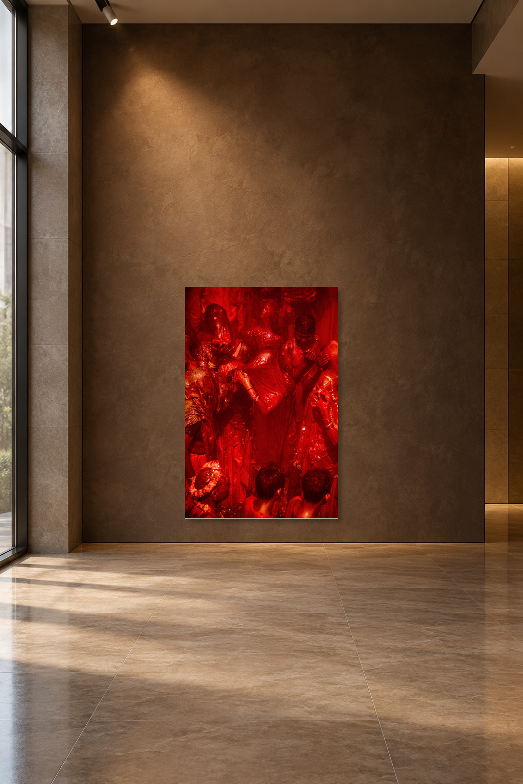 Visualisation d’intérieur avec l’œuvre photographique « Holi 1, Indien » d’André Wagner ; il ne s’agit pas d’une installation photographiée.
