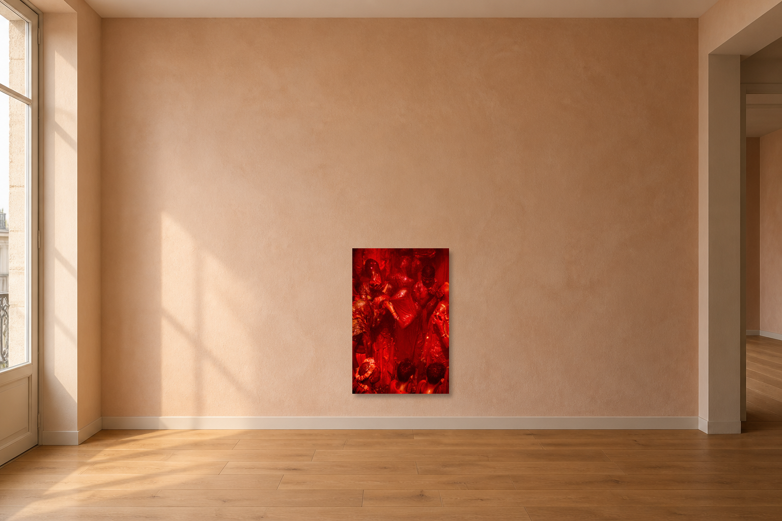 Visualisation d’intérieur avec l’œuvre photographique « Holi 1, Indien » d’André Wagner ; il ne s’agit pas d’une installation photographiée.