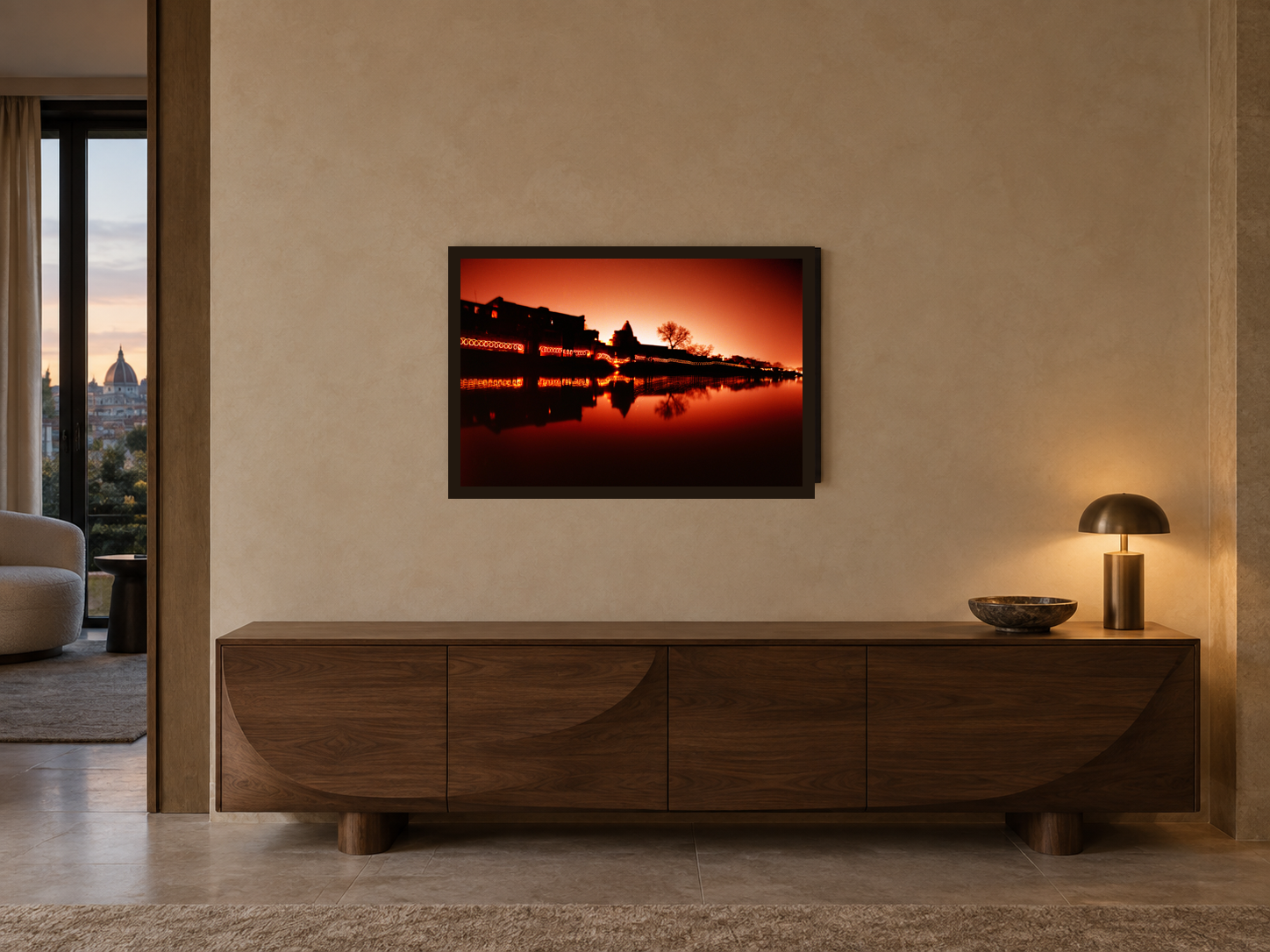 Interior visualization featuring the photographic artwork “Holy contrast, Indien” by André Wagner; not a photographed installation.