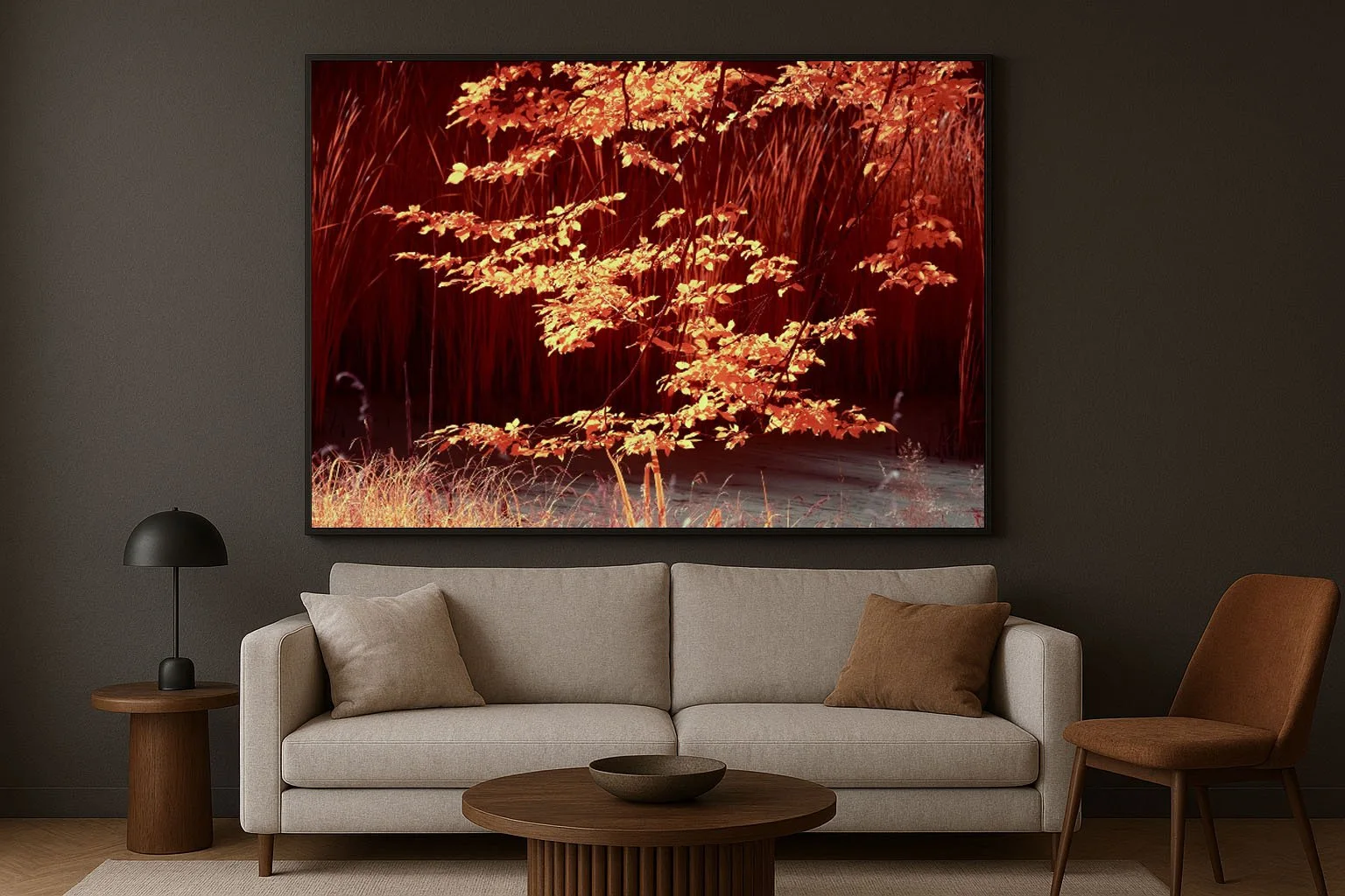 Infrarotfotografie eines leuchtend orangefarbenen Baums vor dunklem Schilf – Kunstwerk von André Wagner als zentrales Element in einem modernen Wohnraum.