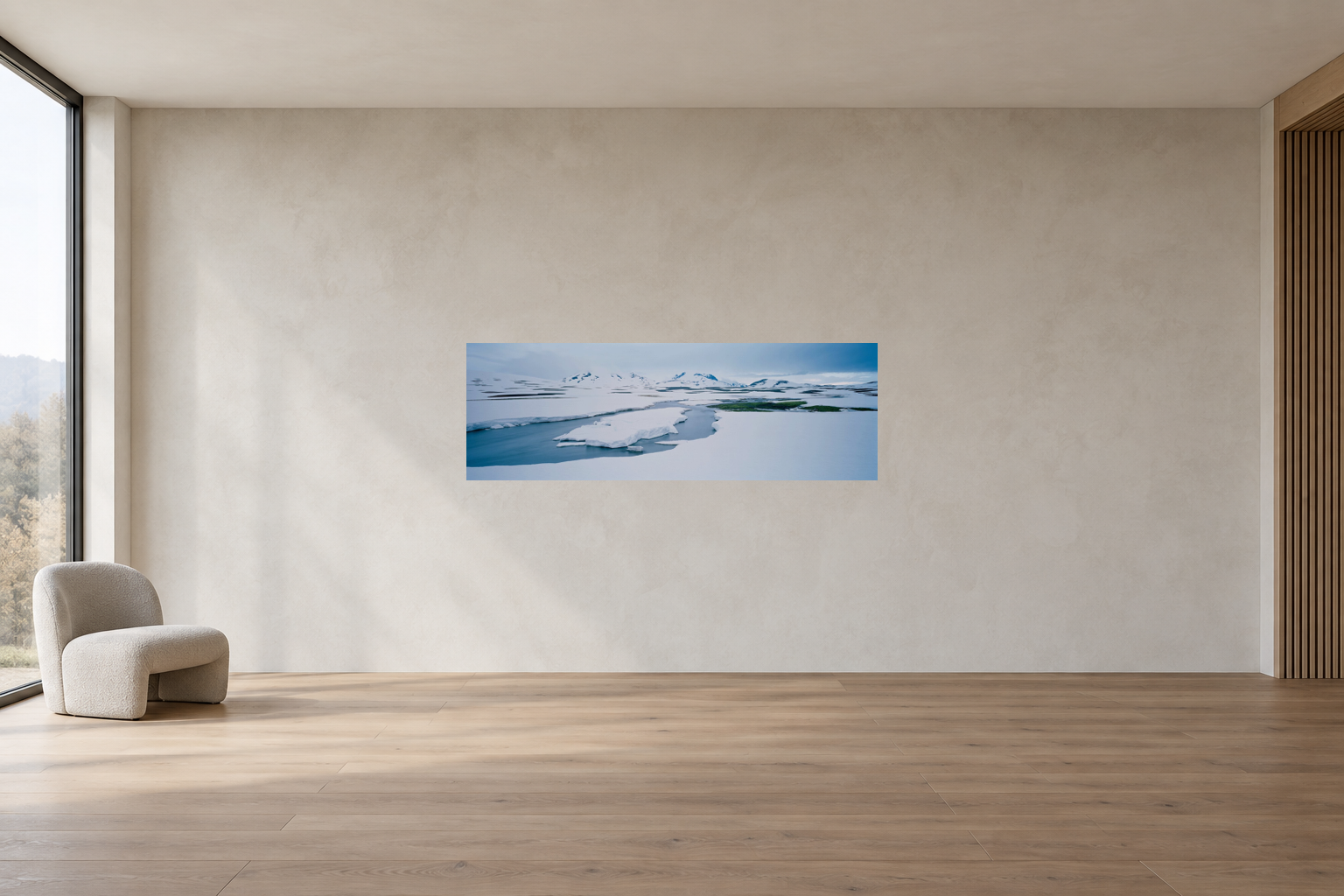 Visualisation d’intérieur avec l’œuvre photographique « Island spring, Island » d’André Wagner ; il ne s’agit pas d’une installation photographiée.