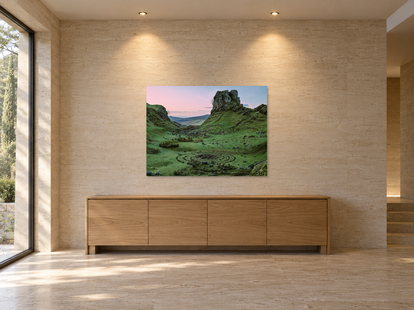 Interior visualization featuring the photographic artwork “Isle of skye 3, Schottland” by André Wagner; not a photographed installation.