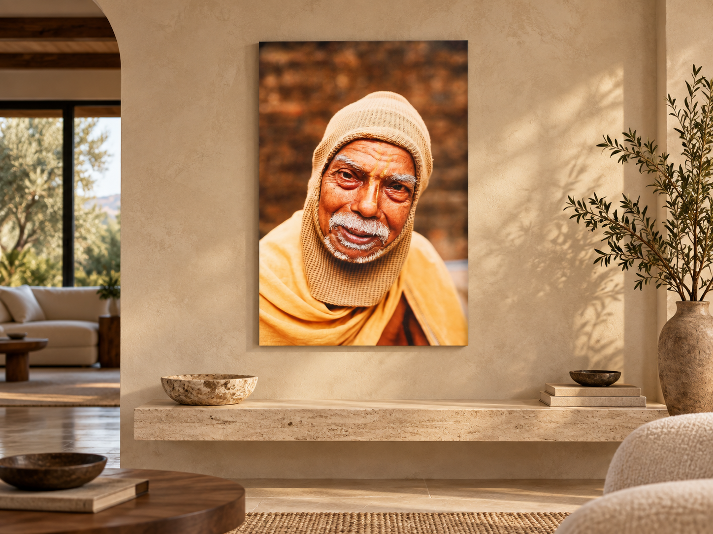 Visualisation d’intérieur avec l’œuvre photographique « Jagannath puri sadhu, Indien » d’André Wagner ; il ne s’agit pas d’une installation photographiée.