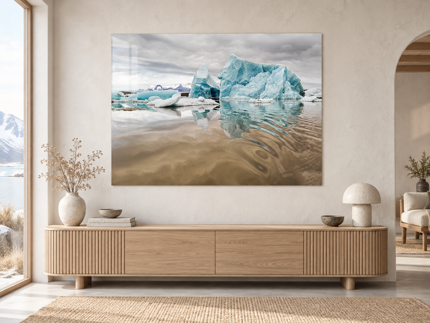 Interior visualization featuring the photographic artwork “Jökulsárlòn glacier lagoon 1, Island” by André Wagner; not a photographed installation.