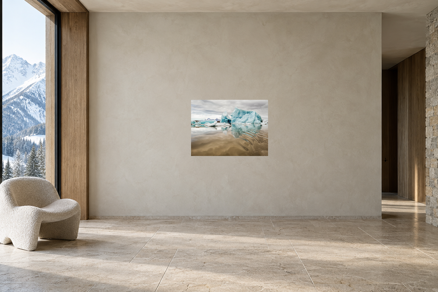 Interior visualization with the photographic artwork “Jökulsárlòn glacier lagoon 1, Island” by André Wagner; not a photographed installation.