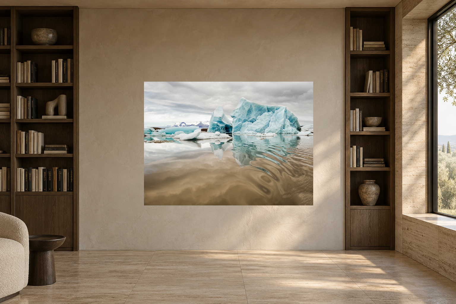 Interior visualization with the photographic artwork “Jökulsárlòn glacier lagoon 1, Island” by André Wagner; not a photographed installation.