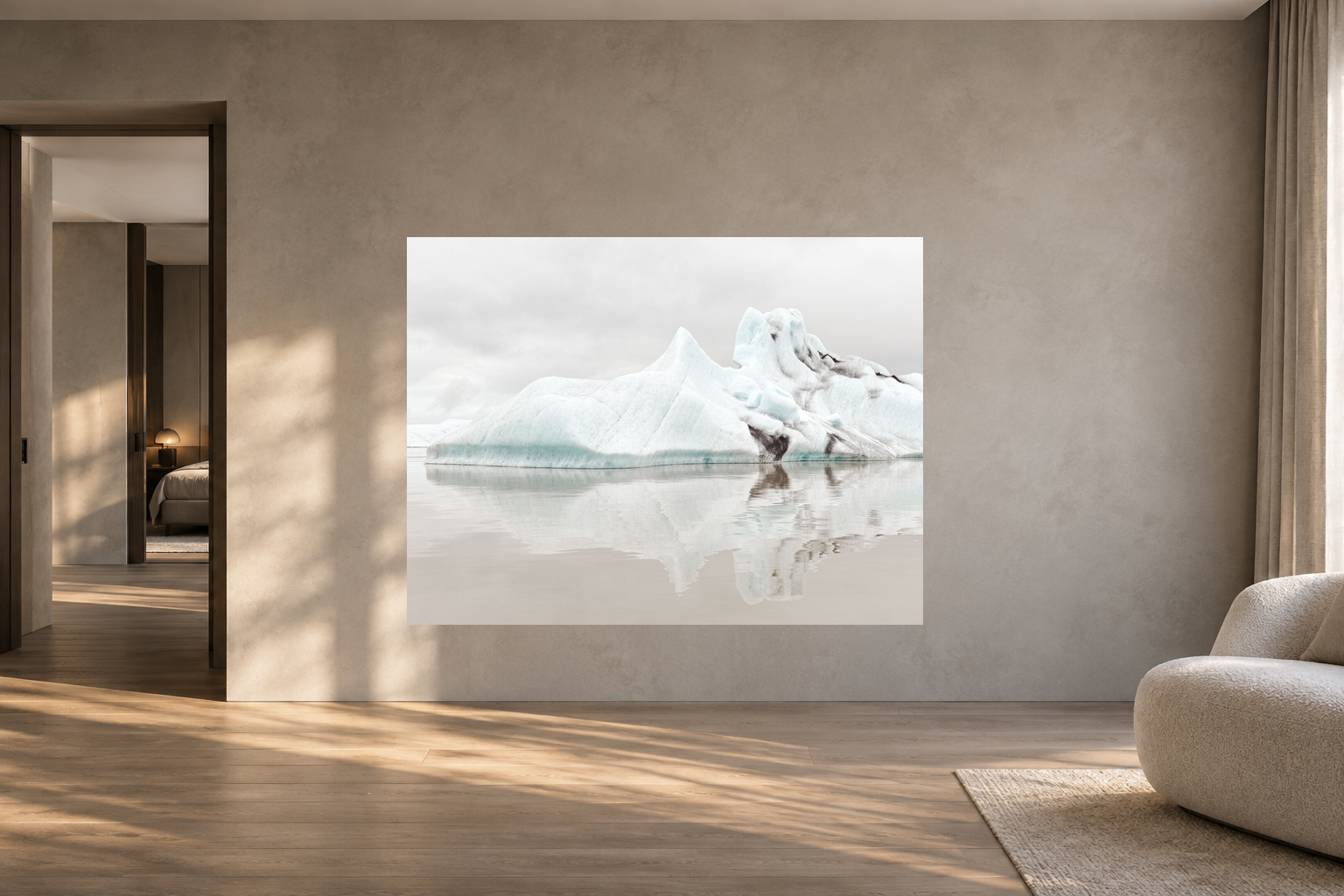 Interior visualization with the photographic artwork &ldquo;J&ouml;kuls&aacute;rl&ograve;n glacier lagoon 2, Island&rdquo; by Andr&eacute; Wagner; not a photographed installation.