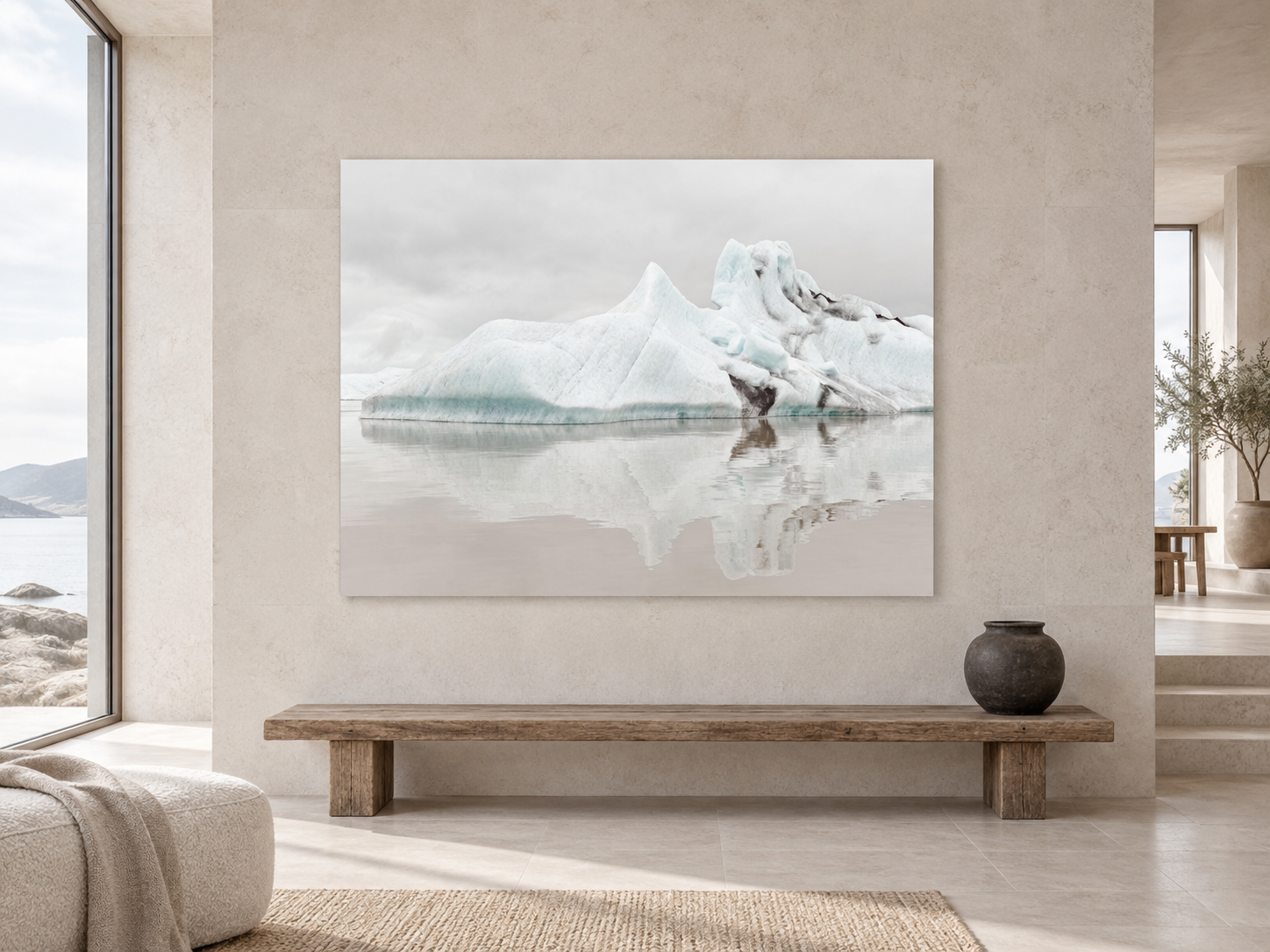 Interior visualization featuring the photographic artwork &ldquo;J&ouml;kuls&aacute;rl&ograve;n glacier lagoon 2, Island&rdquo; by Andr&eacute; Wagner; not a photographed installation.