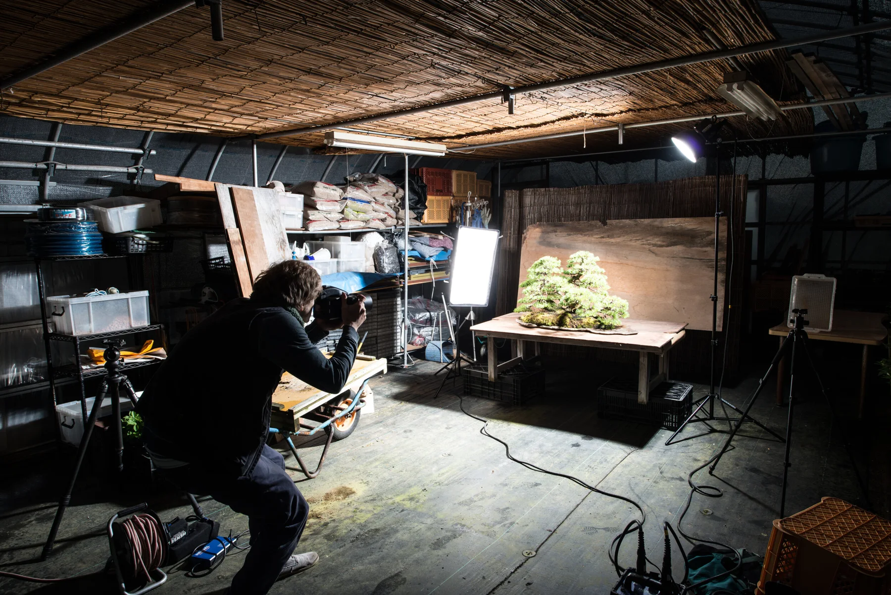 Espace de travail artistique avec écrans et matériel photographique