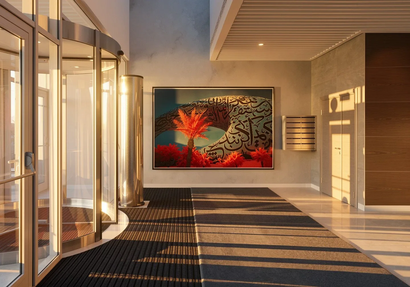 Hall d’entrée baigné de lumière, avec une photographie infrarouge encadrée aux tons rouges et turquoise intenses.