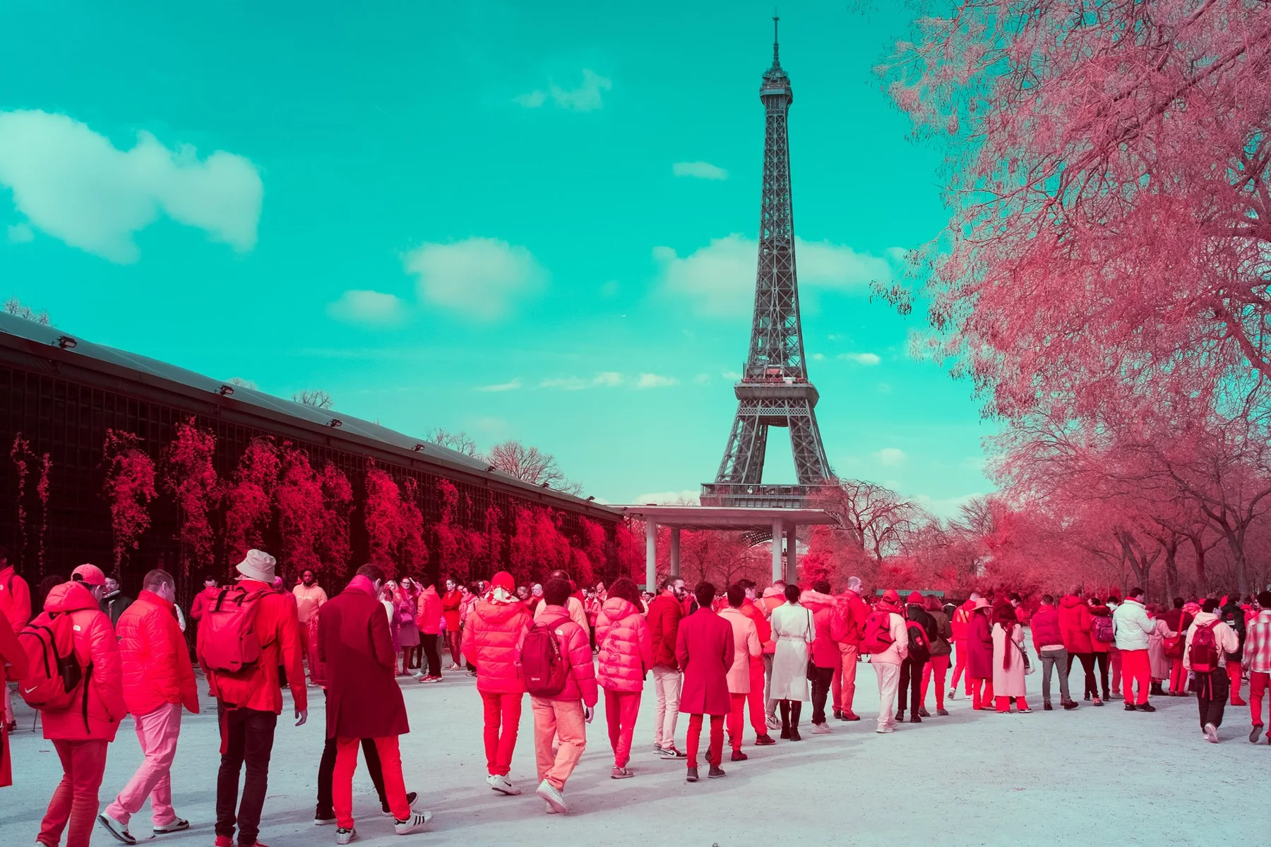 Des personnes sur une promenade devant la tour Eiffel.