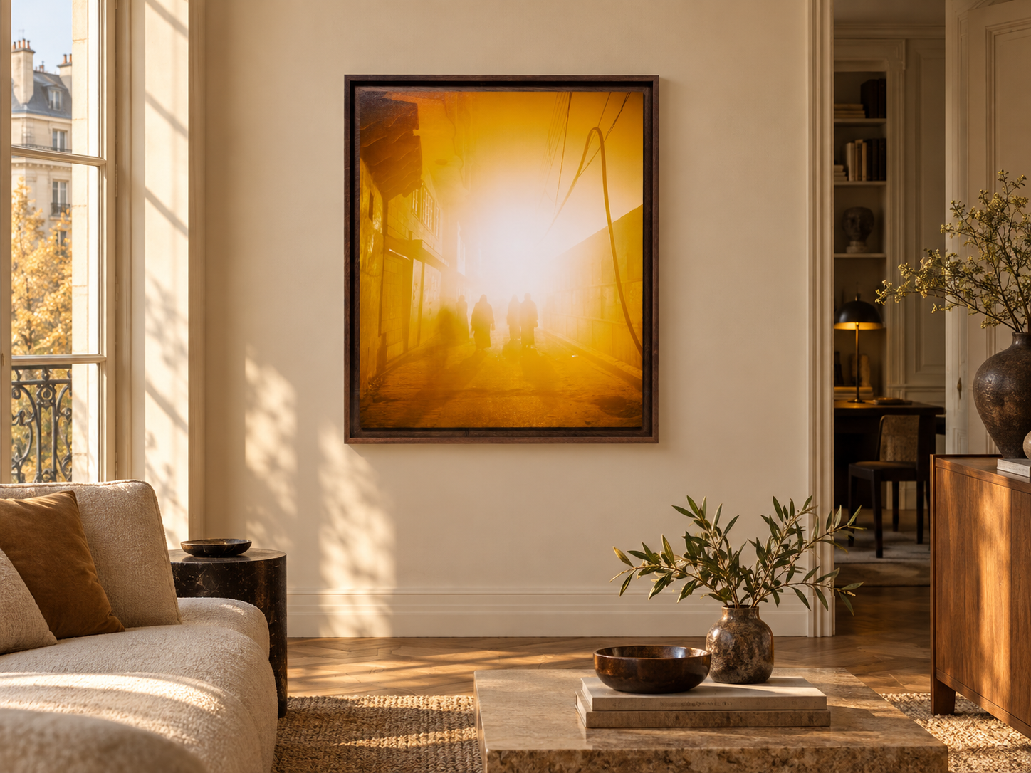Interior visualization featuring the photographic artwork “Morning walk, Indien” by André Wagner; not a photographed installation.