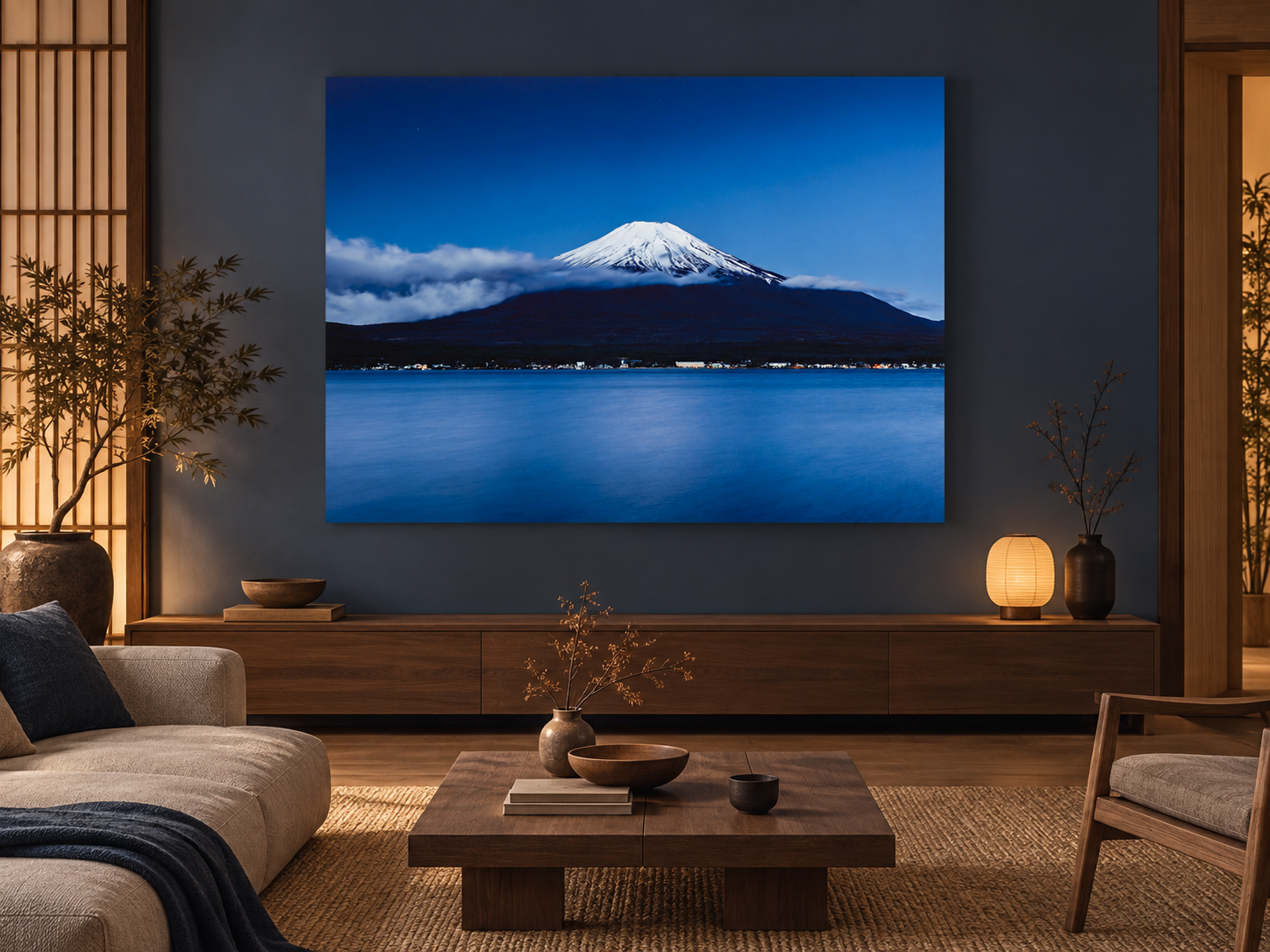 Interior visualization featuring the photographic artwork “Mt. fuji at night, Japan” by André Wagner; not a photographed installation.