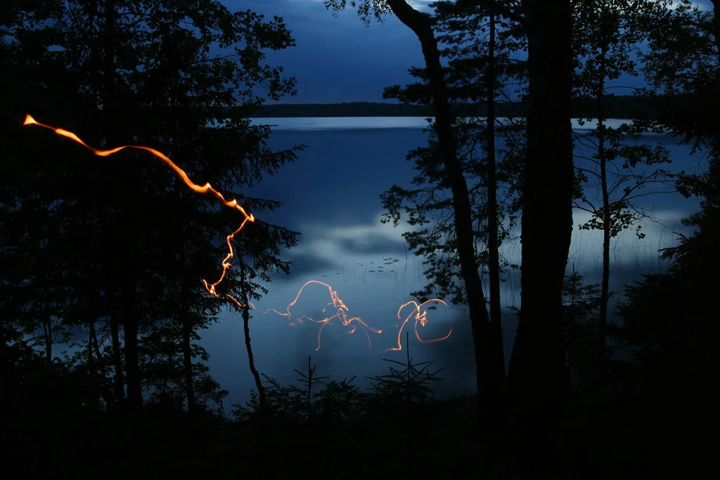 Photographie d’art nocturne aux traînées lumineuses entre des arbres sombres au bord de l’eau