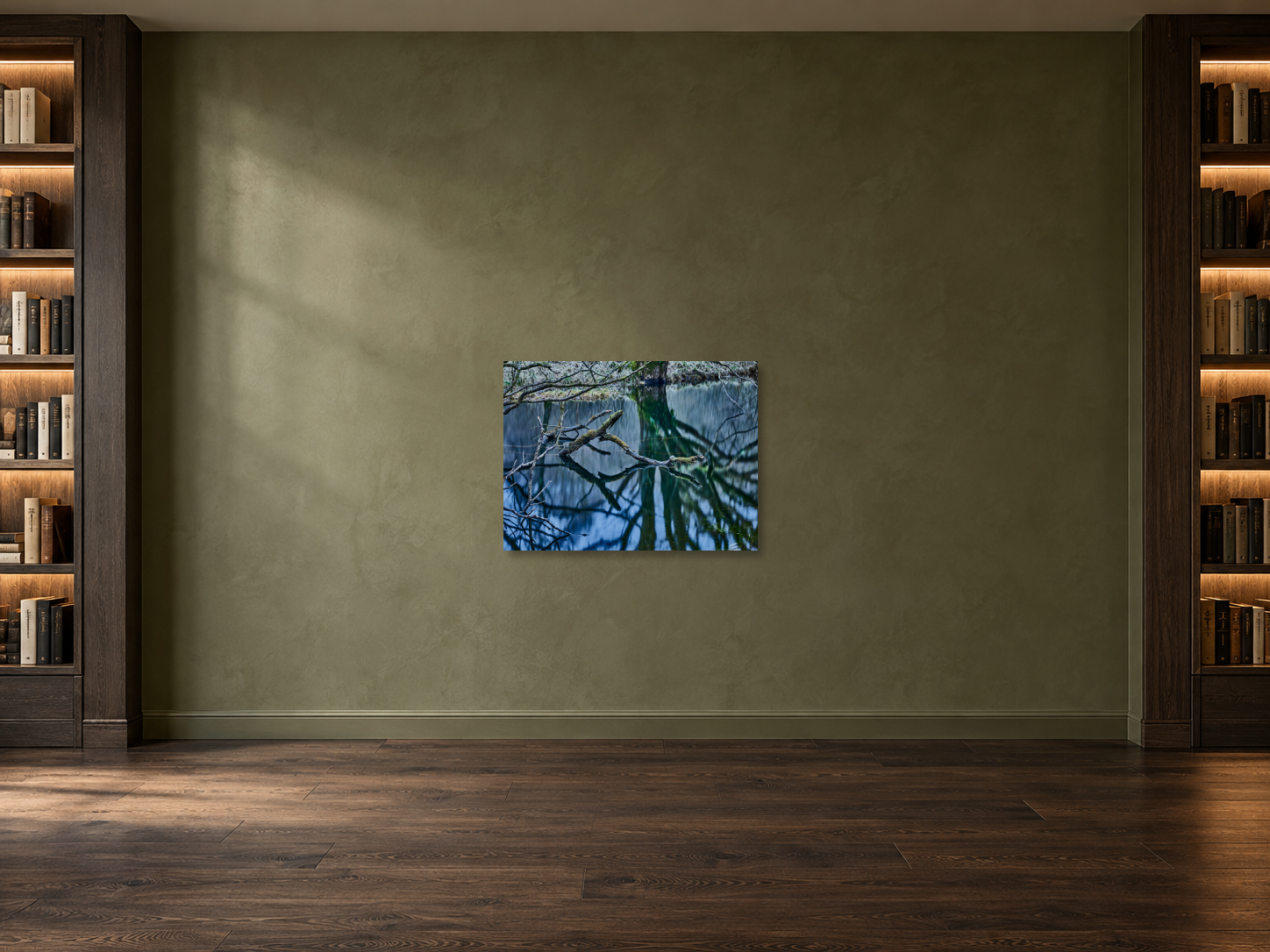 Interior visualization with the photographic artwork “Oasis of silence 3, Schottland” by André Wagner; not a photographed installation.