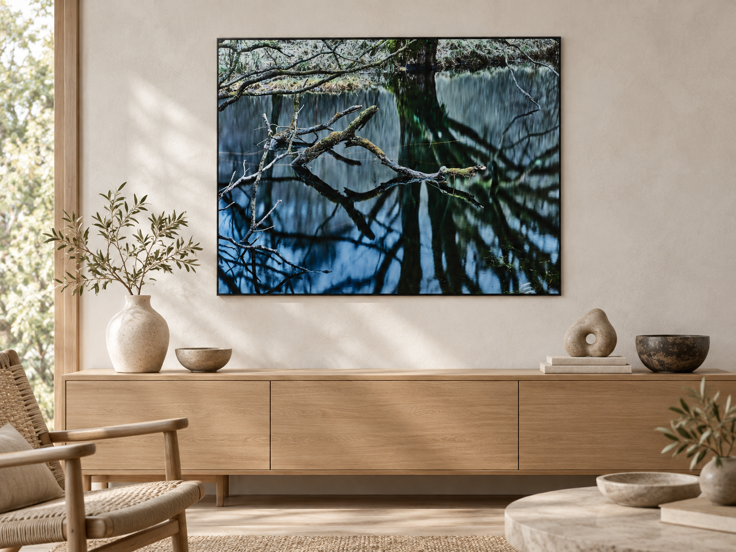 Interior visualization featuring the photographic artwork “Oasis of silence 3, Schottland” by André Wagner; not a photographed installation.