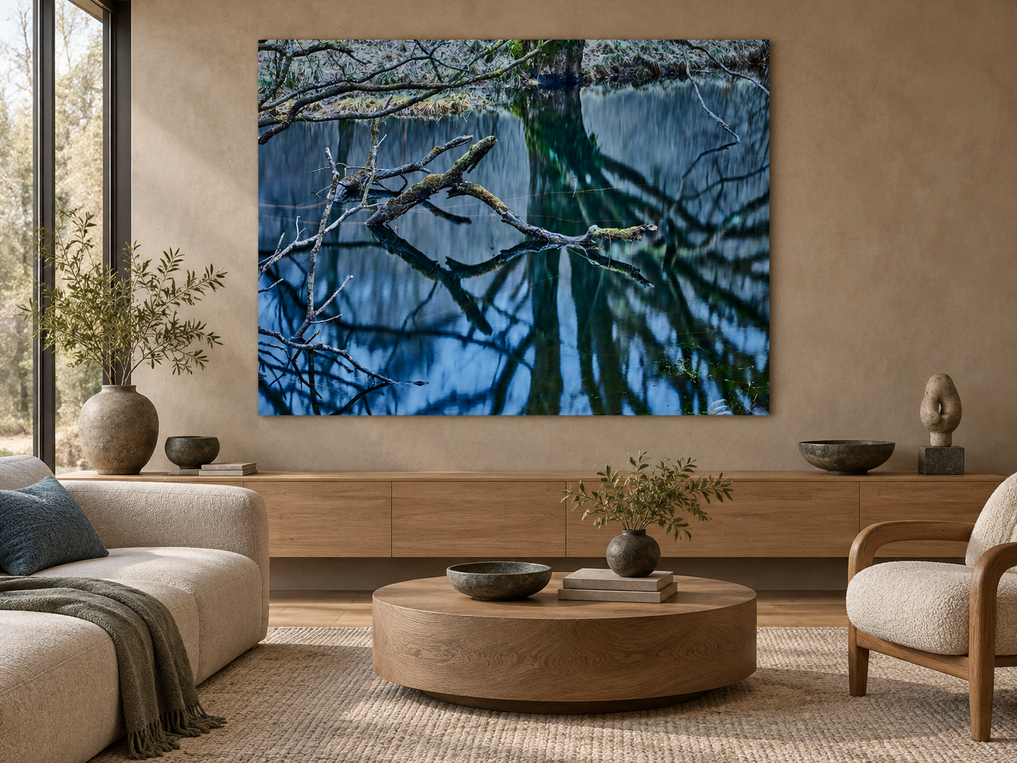 Interior visualization featuring the photographic artwork “Oasis of silence 3, Schottland” by André Wagner; not a photographed installation.