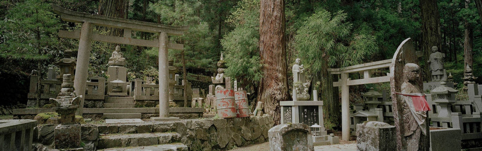 Photographie d’art d’André Wagner: Des portes de pierre, de petites marches et des monuments serrés se répartissent sous de grands arbres — OKU NO IN Twillight 4, JAPAN.