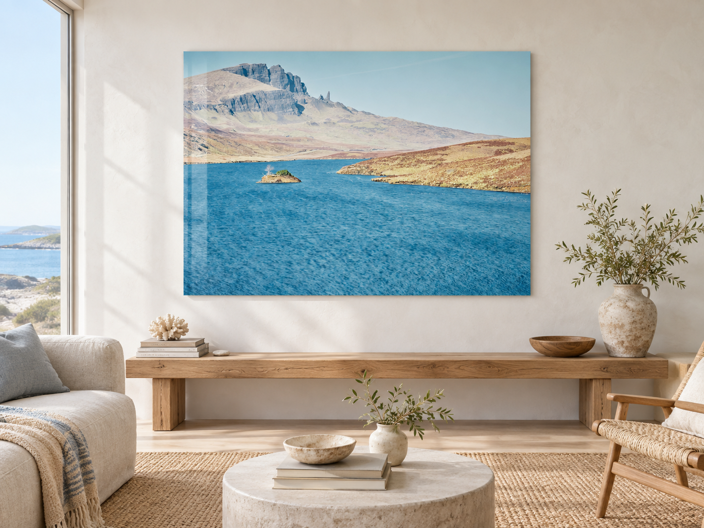 Interior visualization featuring the photographic artwork &ldquo;Old man of storr, Schottland&rdquo; by Andr&eacute; Wagner; not a photographed installation.