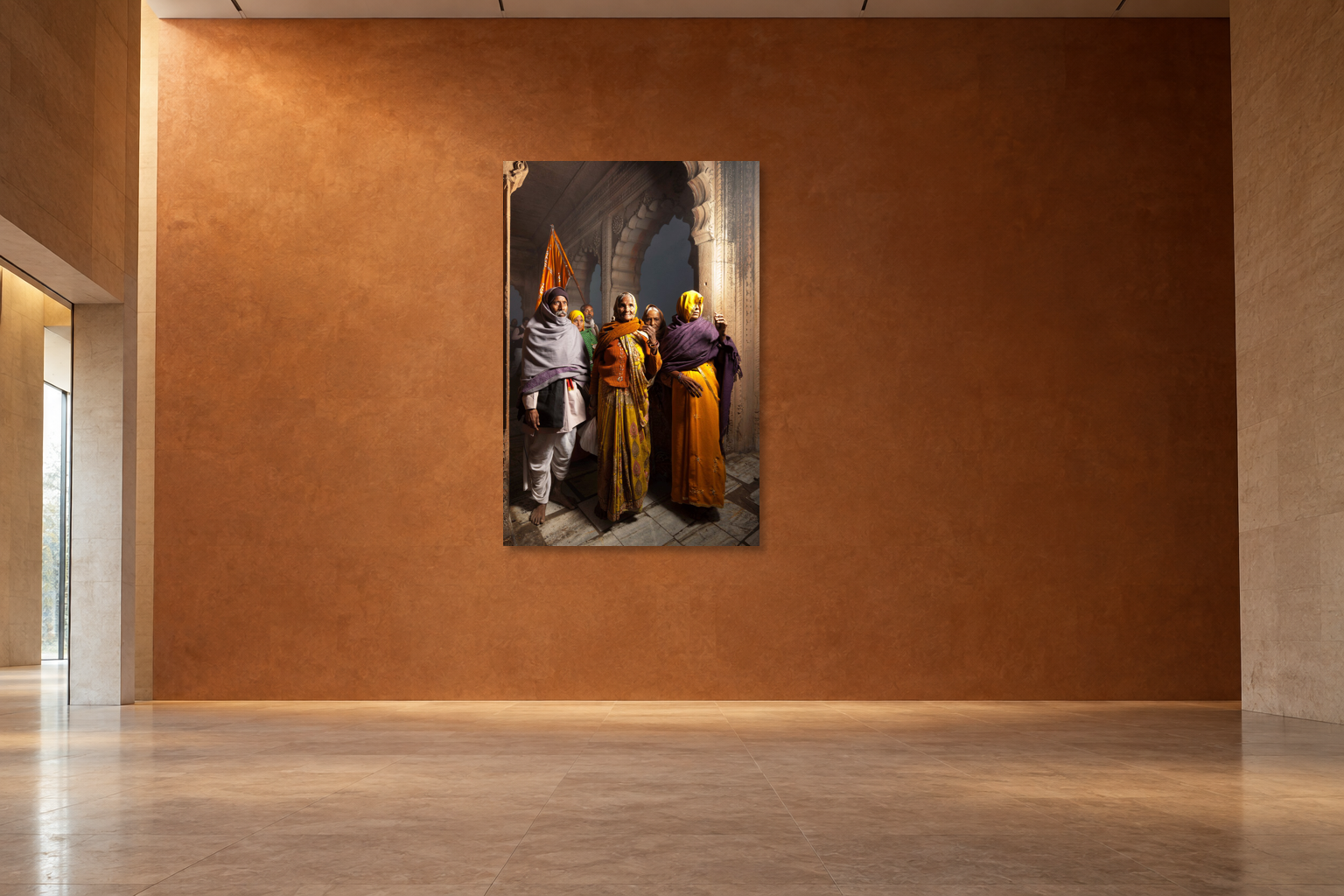 Interior visualization with the photographic artwork &ldquo;Pilgrim family, Indien&rdquo; by Andr&eacute; Wagner; not a photographed installation.