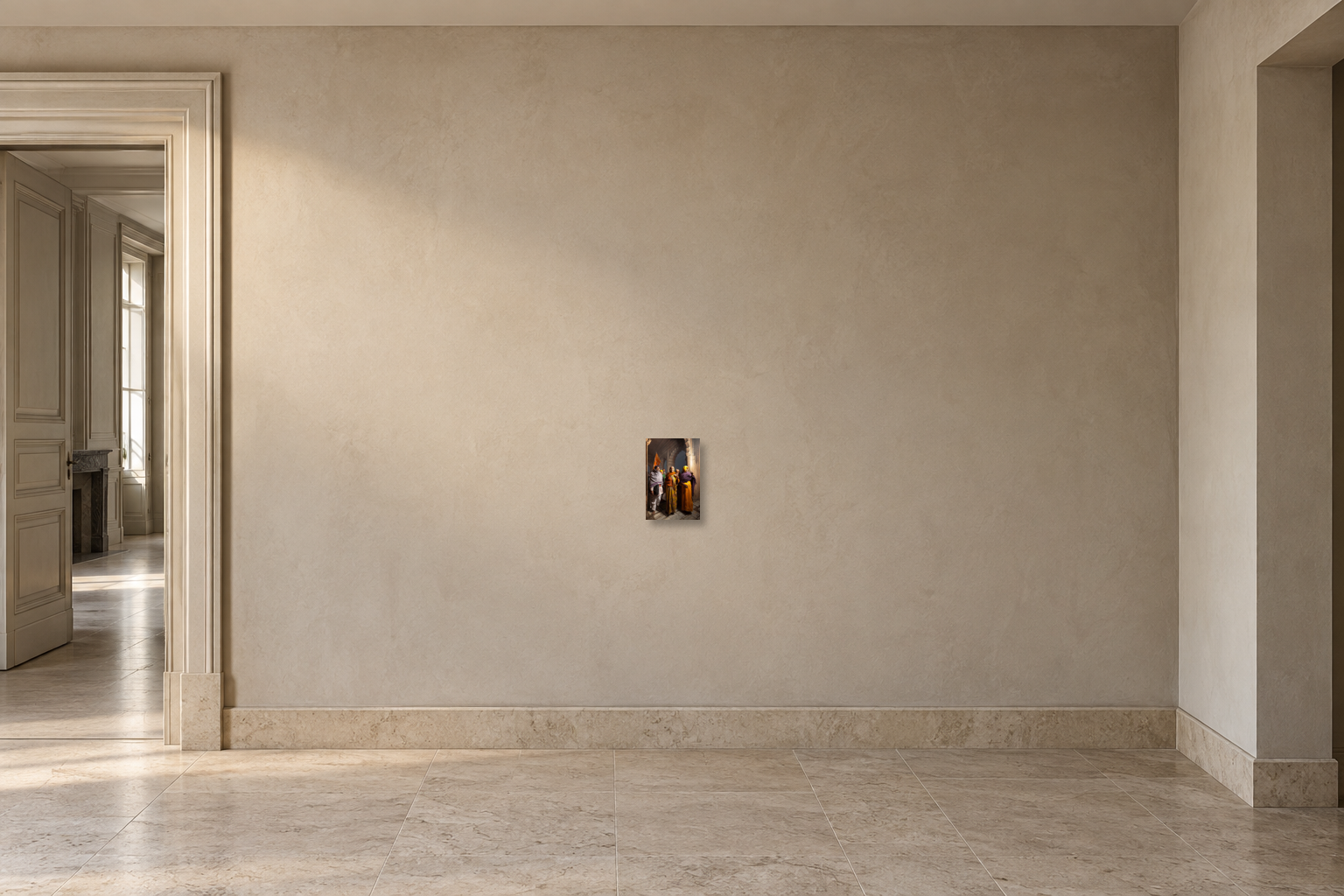 Interior visualization with the photographic artwork &ldquo;Pilgrim family, Indien&rdquo; by Andr&eacute; Wagner; not a photographed installation.